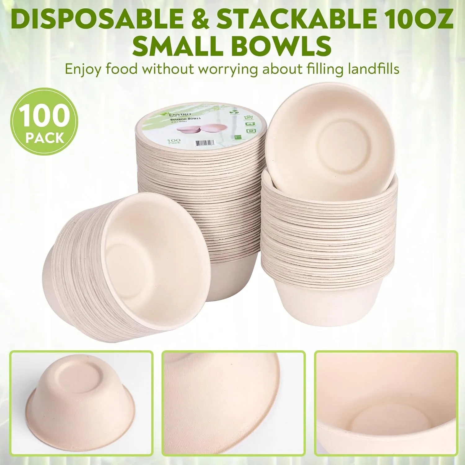 10 oz Paper Bowls (100 Pack) Disposable Bamboo Bowls - Small, Heavy Duty, Microwavable Oven Safe - Perfect for Snacks, Ice Cream, Hot Soups & Party Fun - Eco-Friendly, Leak-Proof