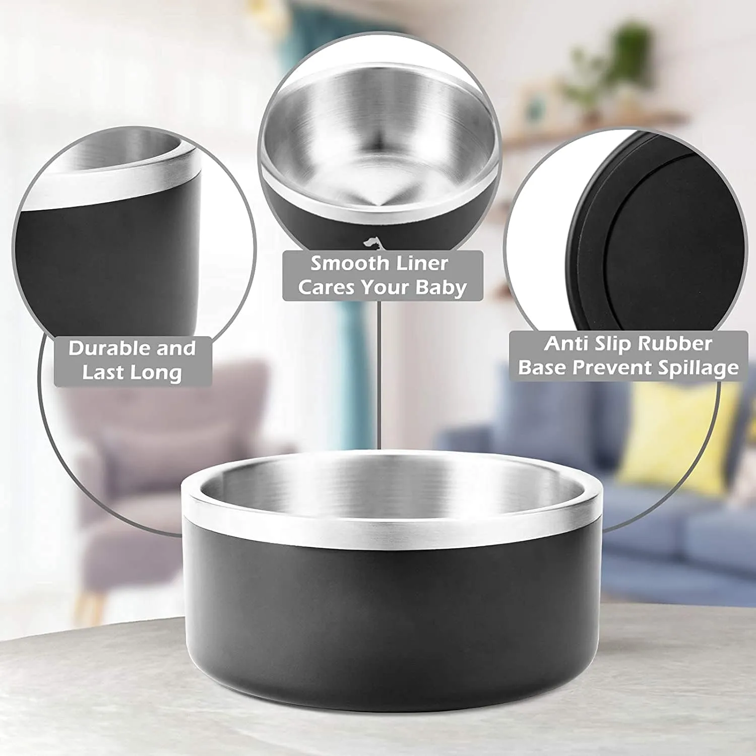 32oz 64oz Stainless Steel Double Wall Dog Bowls,BPA Free Non-Slip Pet Dishes,Cat Food&Water Bowl with Rubber Base(32oz, White)