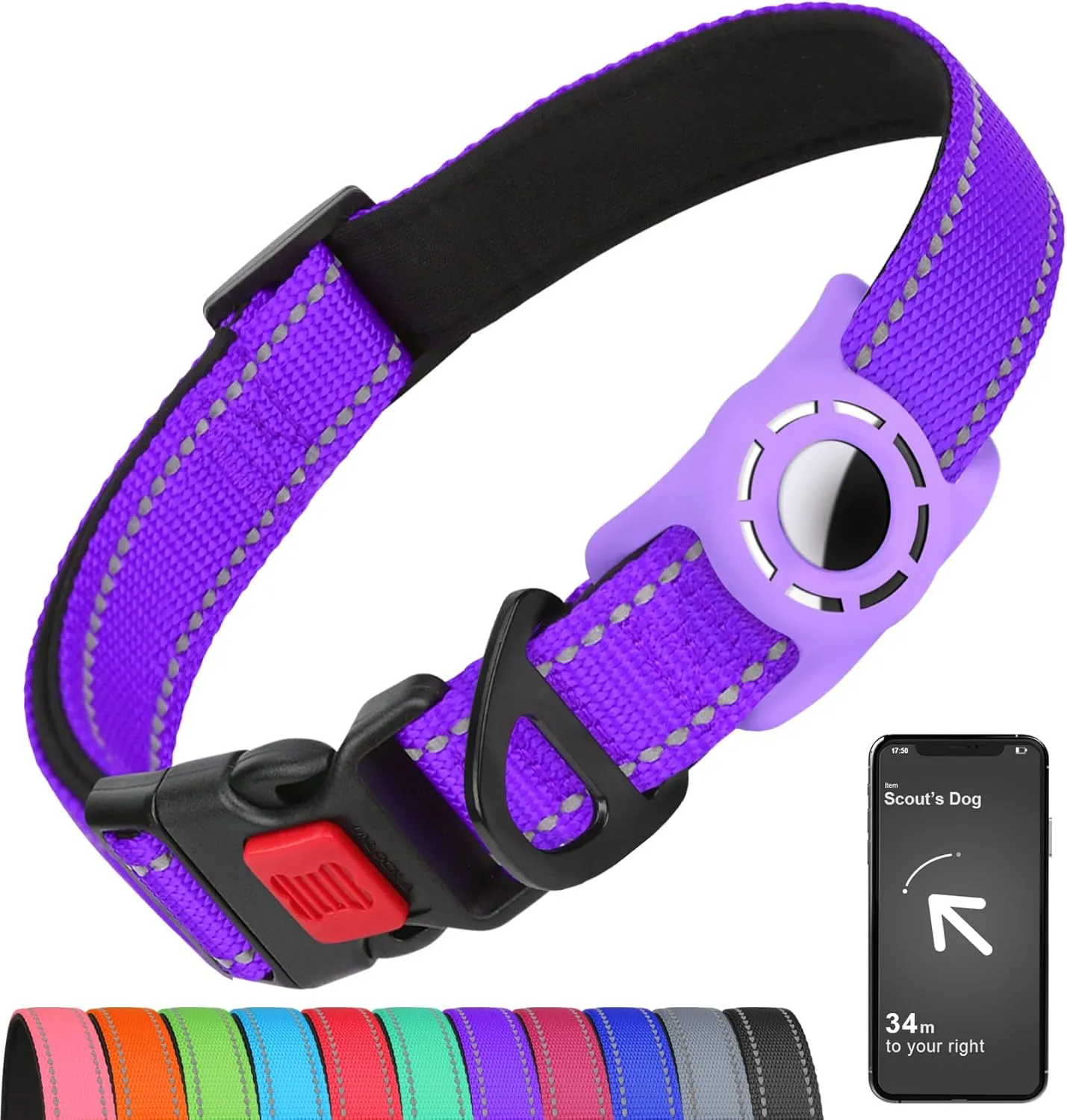 Airtag Dog Collar with AirTag Holder for Large Dogs, Reflective, Soft Padded & Safety Locking Buckle, Nylon Pet Collars Adjustable for All Breeds, Purple,L