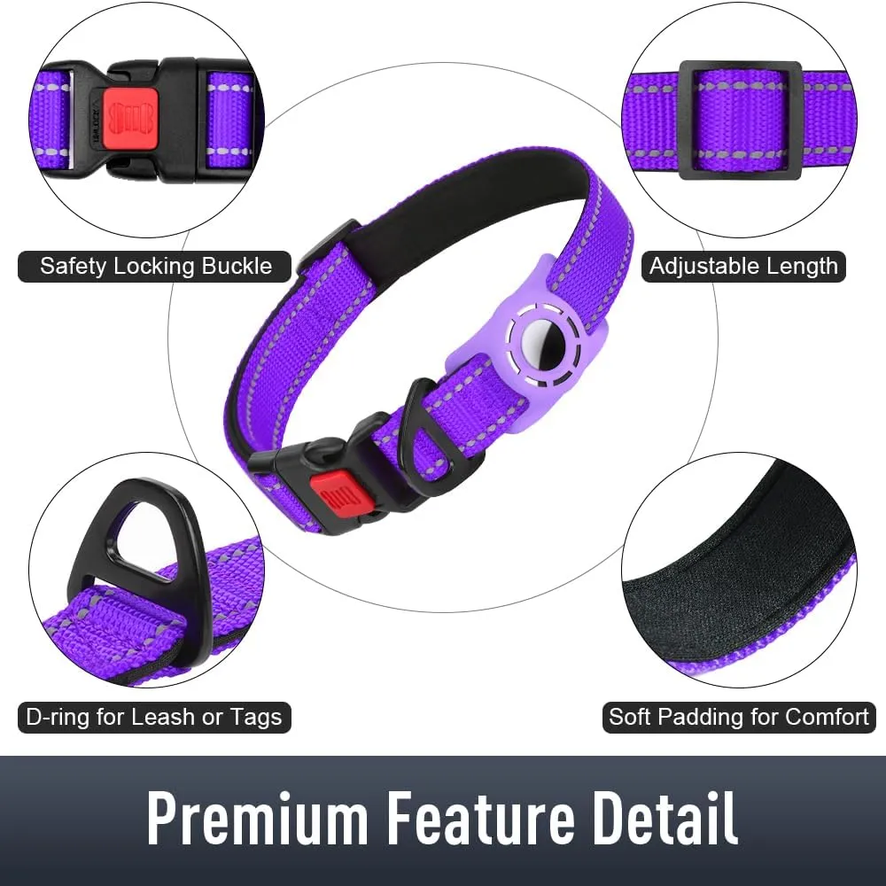 Airtag Dog Collar with AirTag Holder for Large Dogs, Reflective, Soft Padded & Safety Locking Buckle, Nylon Pet Collars Adjustable for All Breeds, Purple,L