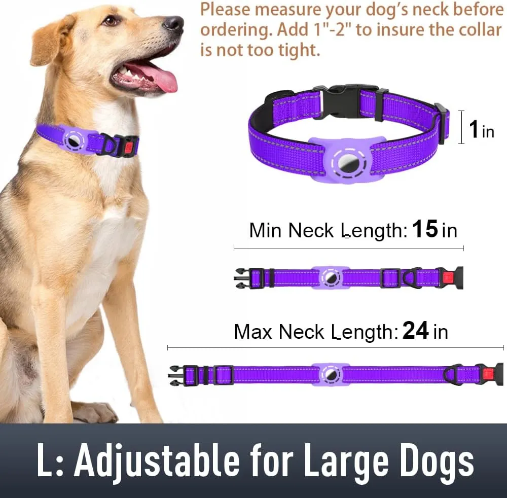 Airtag Dog Collar with AirTag Holder for Large Dogs, Reflective, Soft Padded & Safety Locking Buckle, Nylon Pet Collars Adjustable for All Breeds, Purple,L