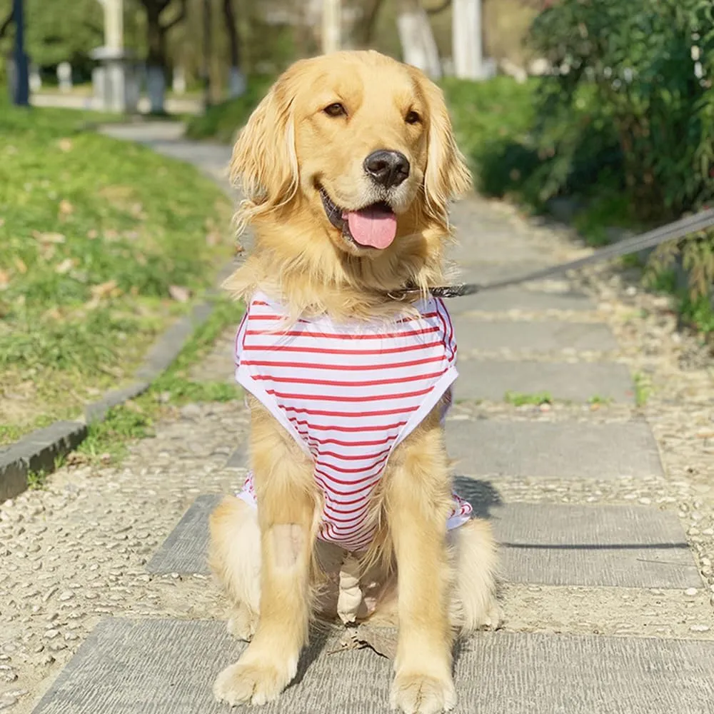 ANIAC Summer Large Dog Shirt for Girl Boy Red White Striped Cotton Dog T-Shirt Breathable Basic Tank Top Sleeveless Doggy Vest Cooling Pet Clothes for Big Dog 55-66 LB (Red-1, 6XL)