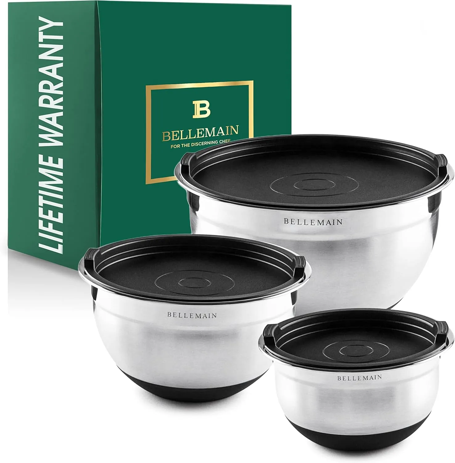 Bellemain Stainless Steel Non-Slip Mixing Bowls with Lids (3 Piece, Silver/Black)