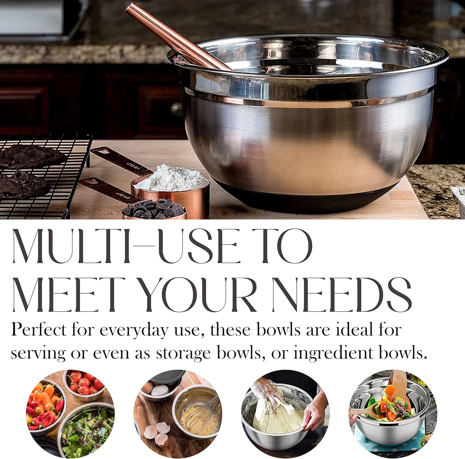 Bellemain Stainless Steel Non-Slip Mixing Bowls with Lids (3 Piece, Silver/Black)