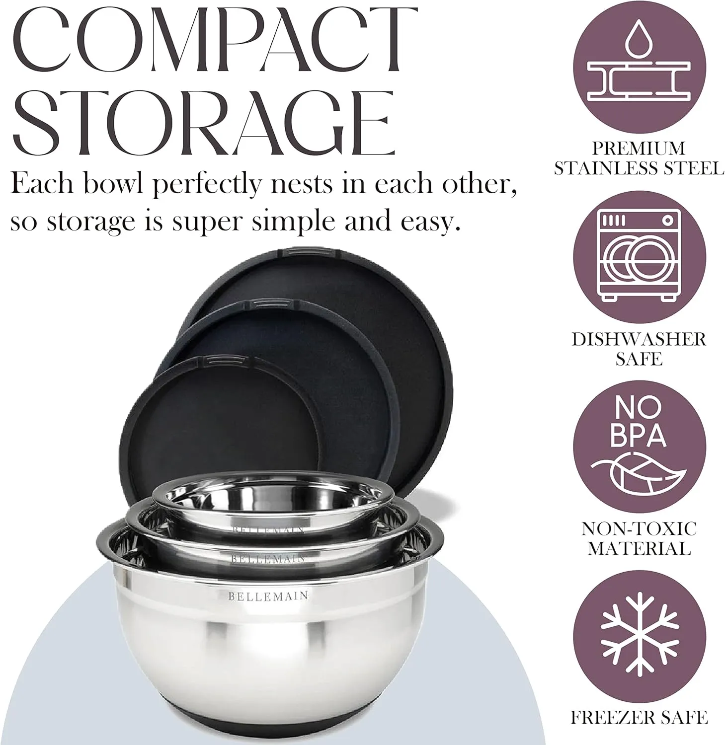 Bellemain Stainless Steel Non-Slip Mixing Bowls with Lids (3 Piece, Silver/Black)