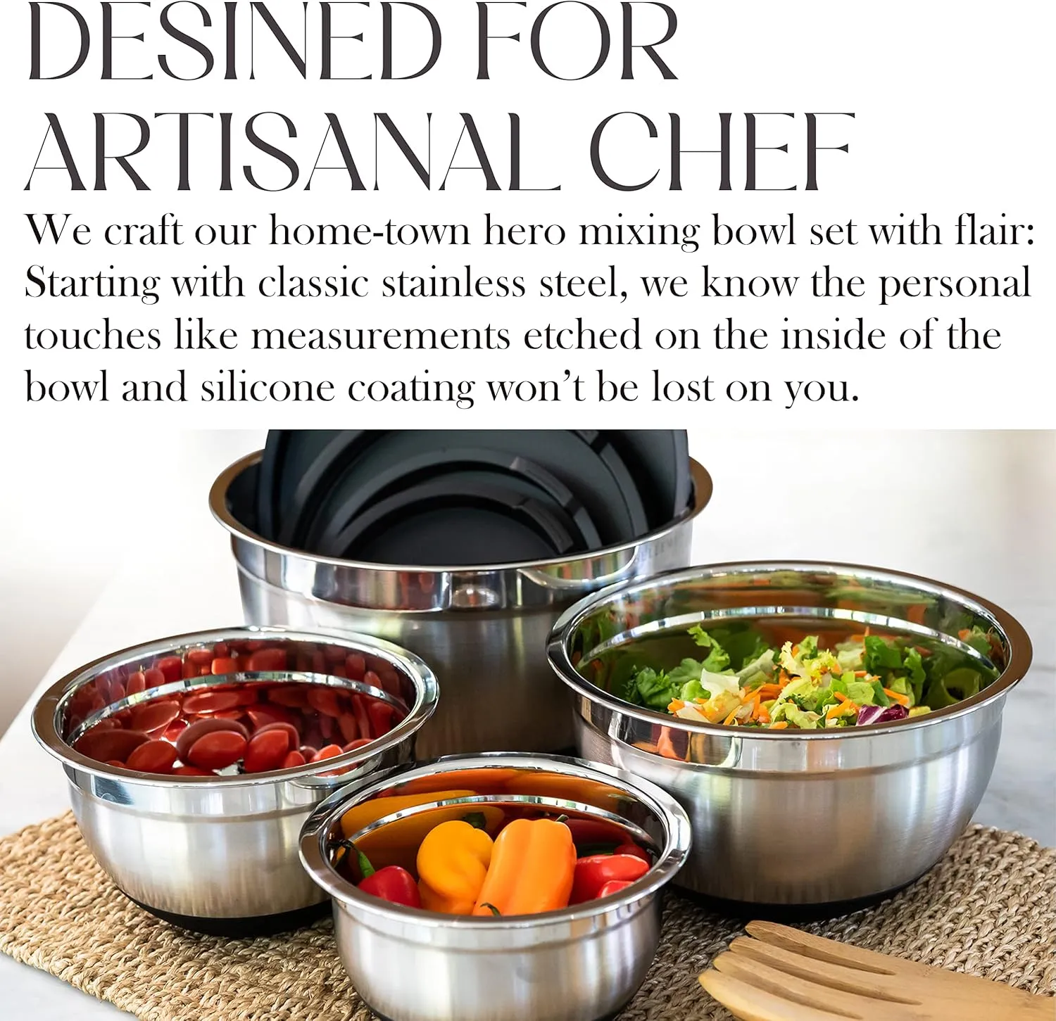 Bellemain Stainless Steel Non-Slip Mixing Bowls with Lids (3 Piece, Silver/Black)