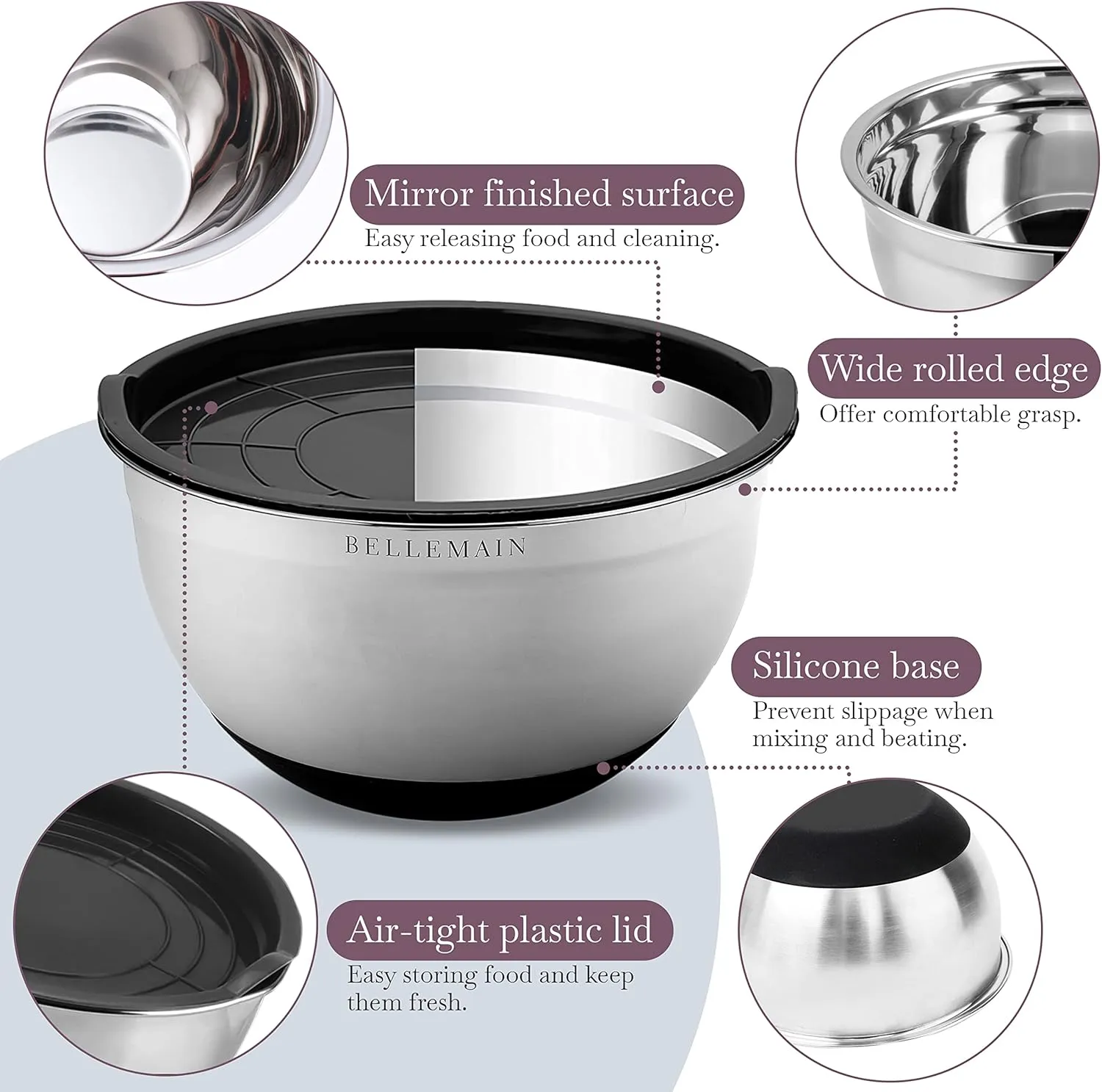 Bellemain Stainless Steel Non-Slip Mixing Bowls with Lids (3 Piece, Silver/Black)