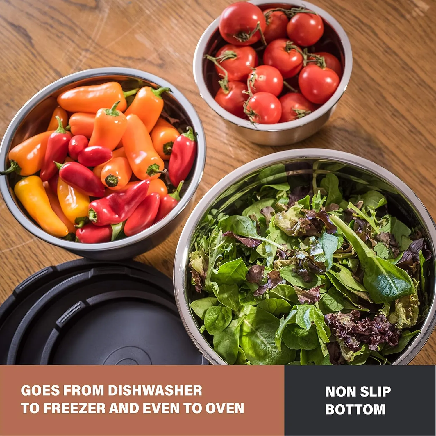 Bellemain Stainless Steel Non-Slip Mixing Bowls with Lids (3 Piece, Silver/Black)