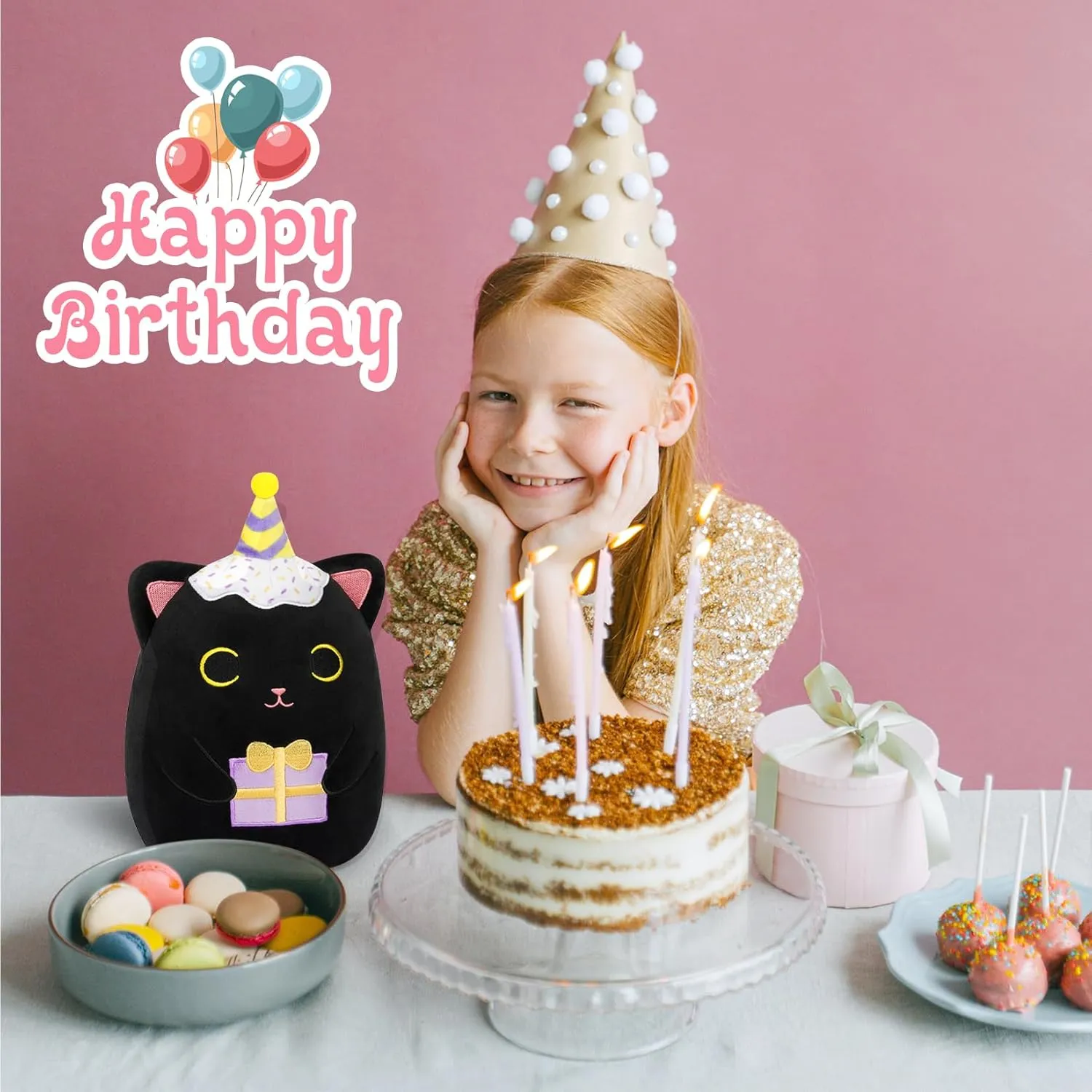 Black Cat Plush,8 Inch Birthday Black Cat Stuffed Animal,Kawaii Happy Birthday Plush with Gifts,Soft Stuffed Toys Birthdays Decor Gifts for Kids Toddlers Boys Girls