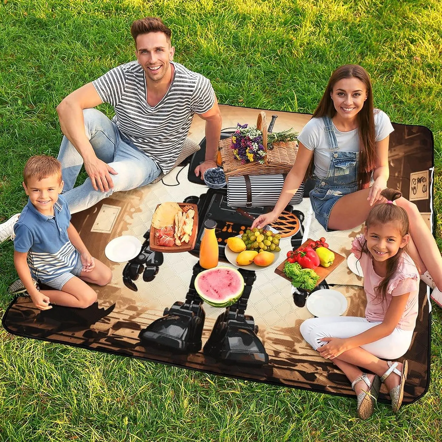 Black Robot Picnic Blanket Zipper Style Waterproof Foldable Outdoor,Picnic Mat Foldable As A Shopping Bag for Ladies, Portable Outdoor Blanket for Camping