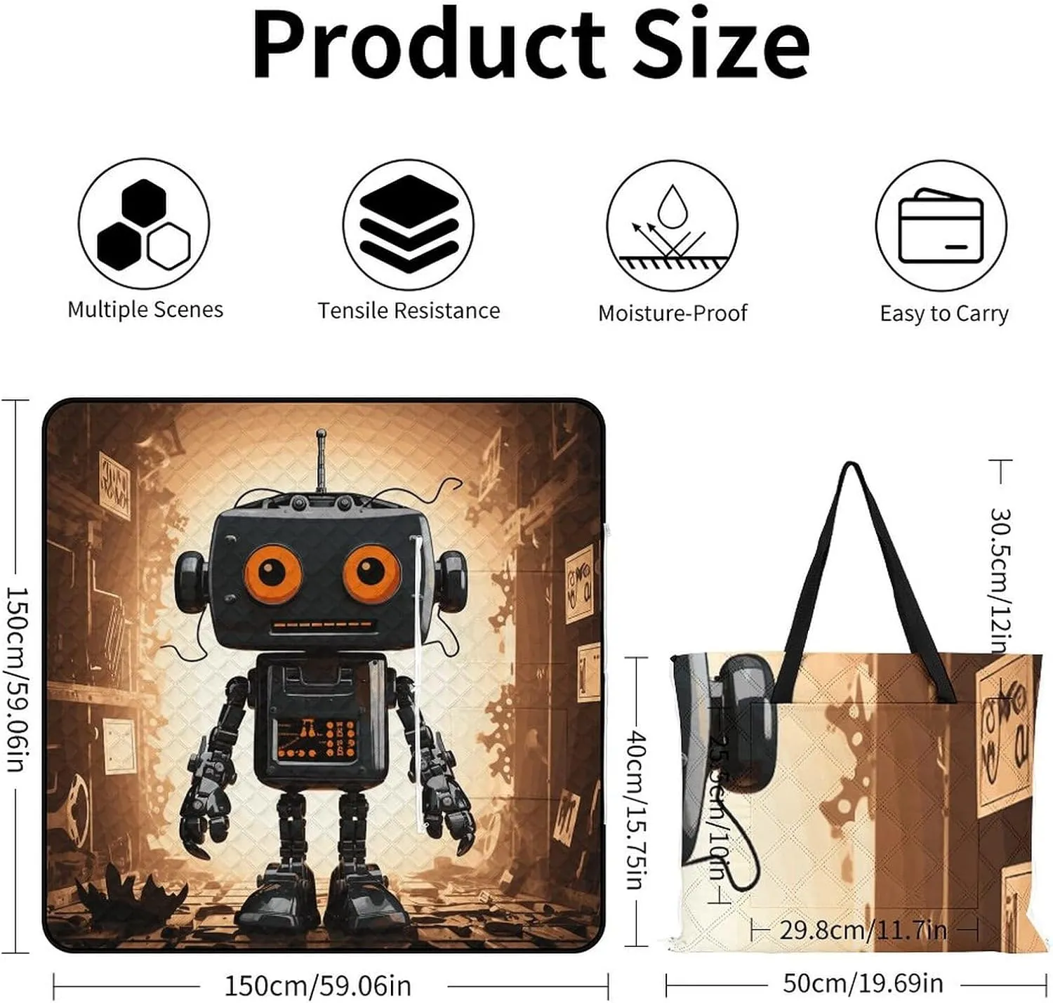 Black Robot Picnic Blanket Zipper Style Waterproof Foldable Outdoor,Picnic Mat Foldable As A Shopping Bag for Ladies, Portable Outdoor Blanket for Camping