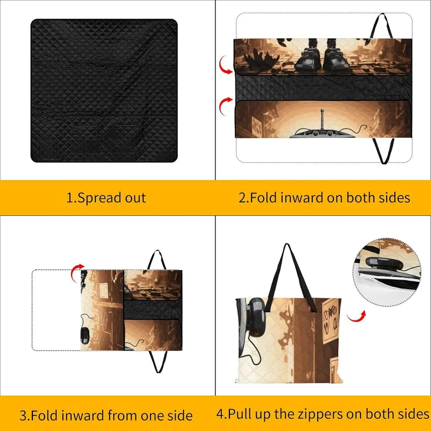 Black Robot Picnic Blanket Zipper Style Waterproof Foldable Outdoor,Picnic Mat Foldable As A Shopping Bag for Ladies, Portable Outdoor Blanket for Camping