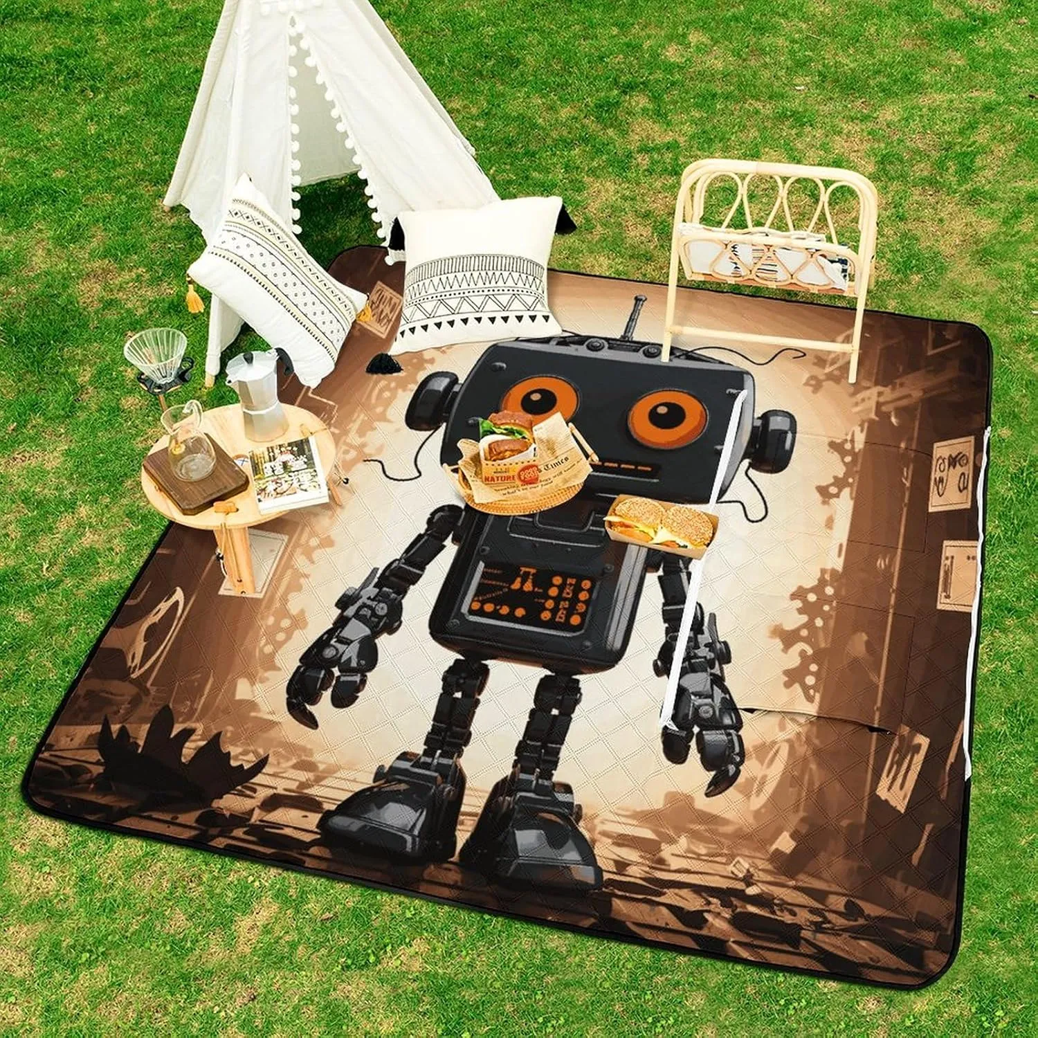Black Robot Picnic Blanket Zipper Style Waterproof Foldable Outdoor,Picnic Mat Foldable As A Shopping Bag for Ladies, Portable Outdoor Blanket for Camping