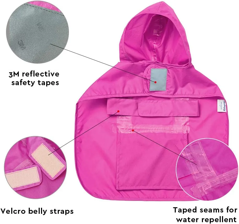 Blueberry Pet 4 Colors 16" Lightweight Packable Hooded Dog Rain Poncho with 3M Reflective Safety Tapes in Cerise Pink, Pack of 1 Outdoor Rain Jacket for Dogs
