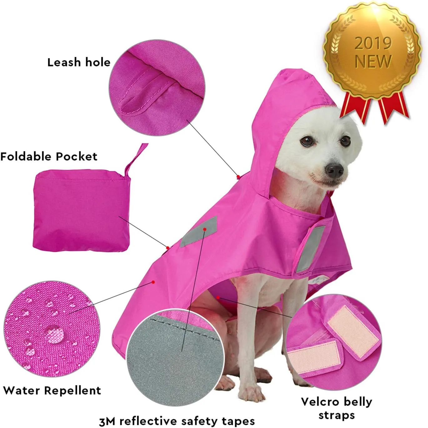 Blueberry Pet 4 Colors 16" Lightweight Packable Hooded Dog Rain Poncho with 3M Reflective Safety Tapes in Cerise Pink, Pack of 1 Outdoor Rain Jacket for Dogs