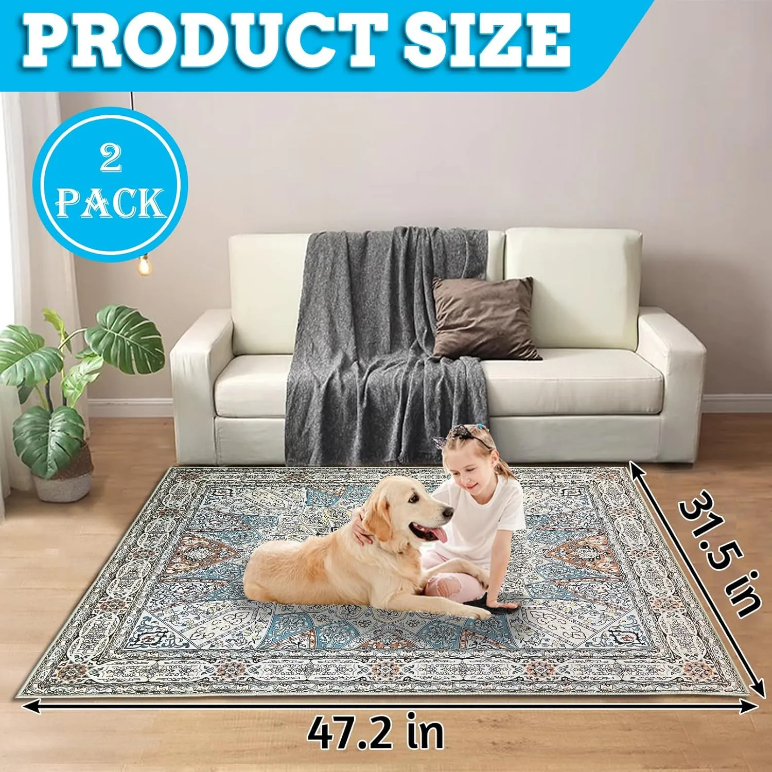 BNOSDM 2 Pcs Dog Playpen Mat Washable Reusable Puppy Pad 47x31 Inch Large Floor Protector Rug, Non-Slip Pet Mats for Dog Rabbit Fence, Crate and Kennel