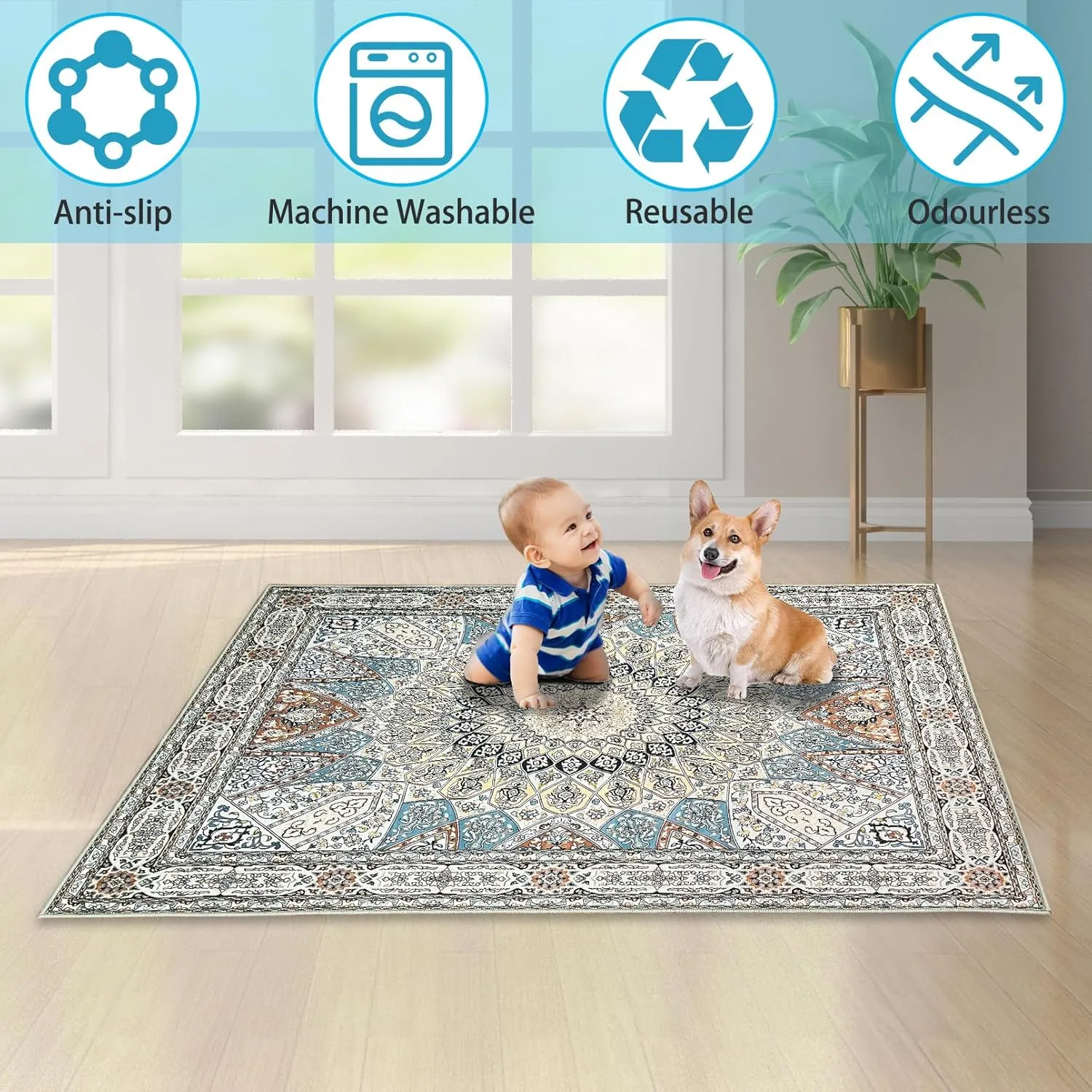 BNOSDM 2 Pcs Dog Playpen Mat Washable Reusable Puppy Pad 47x31 Inch Large Floor Protector Rug, Non-Slip Pet Mats for Dog Rabbit Fence, Crate and Kennel