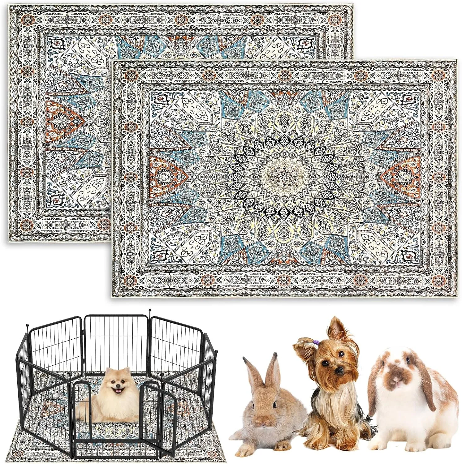 BNOSDM 2 Pcs Dog Playpen Mat Washable Reusable Puppy Pad 47x31 Inch Large Floor Protector Rug, Non-Slip Pet Mats for Dog Rabbit Fence, Crate and Kennel
