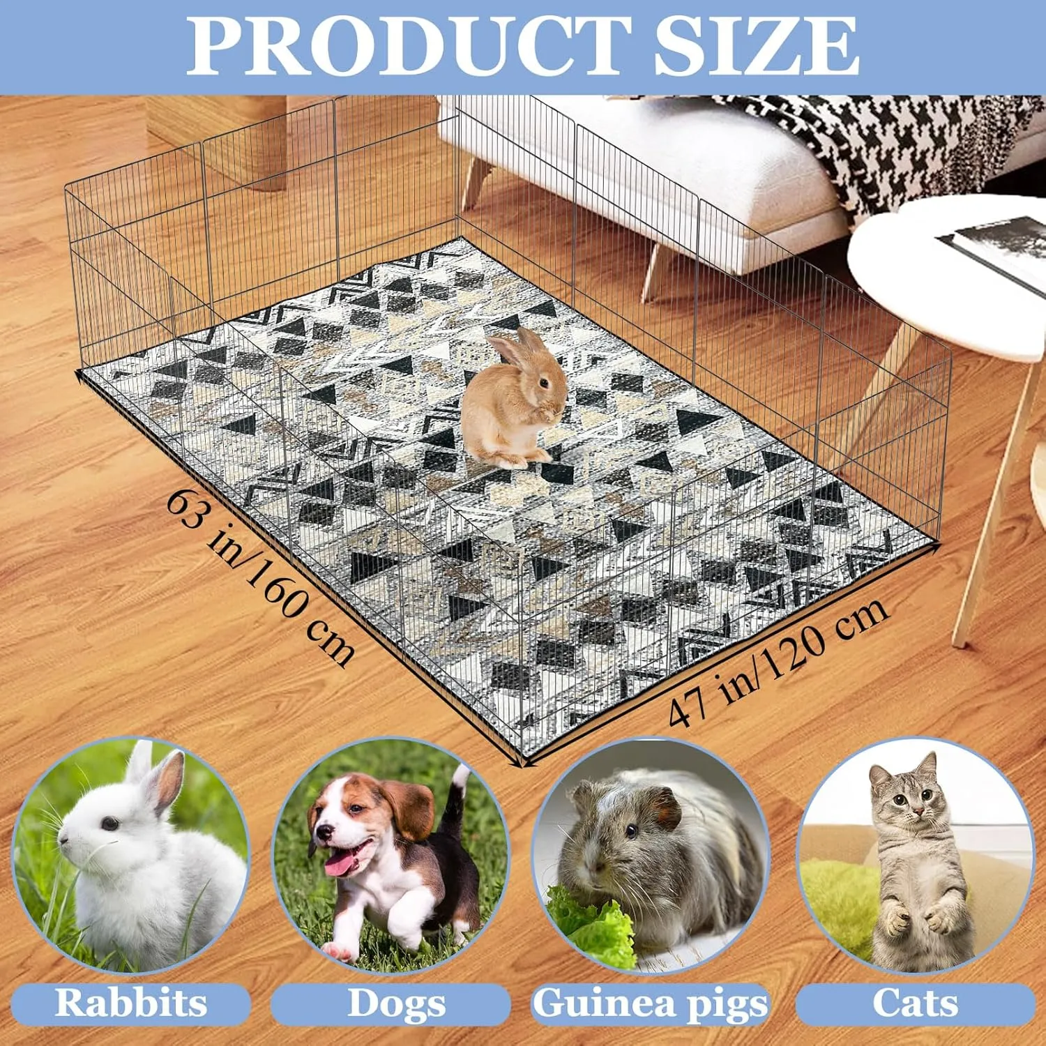 BNOSDM 63x47In Rabbit Cage Liner Washable Bunny Mats Reusable Floor Protect Rug with Anti Slip Bottom, Soft Pets Dog Playpen Pads for Rabbit Dog Chinchilla Guinea Pig Ferret