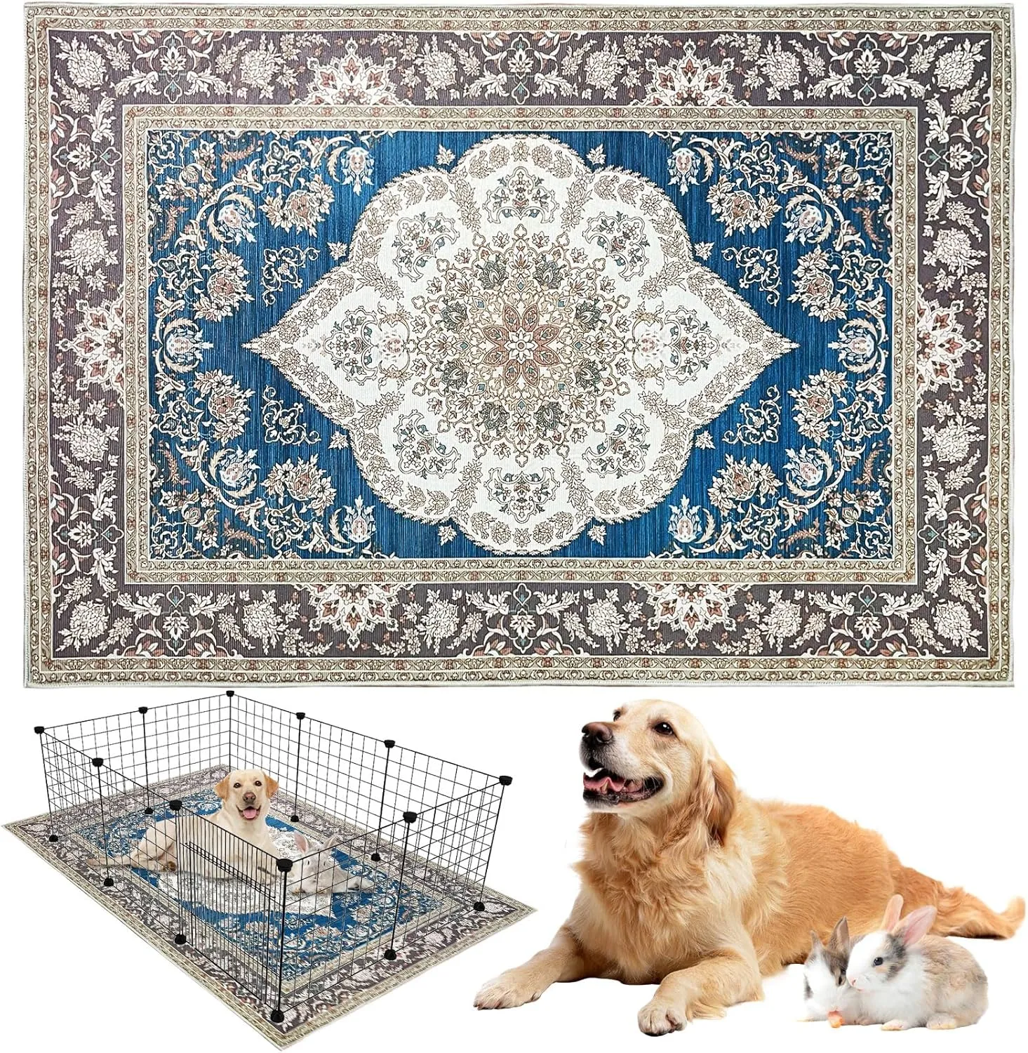 BNOSDM 79x55In Extra Large Dog Playpen Mat Washable Rabbit Cage Liner Reusable Puppy Floor Protector Rug, Non-Slip Pet Pads Mats Under Dog Rabbit Fence, Crate and Kennel