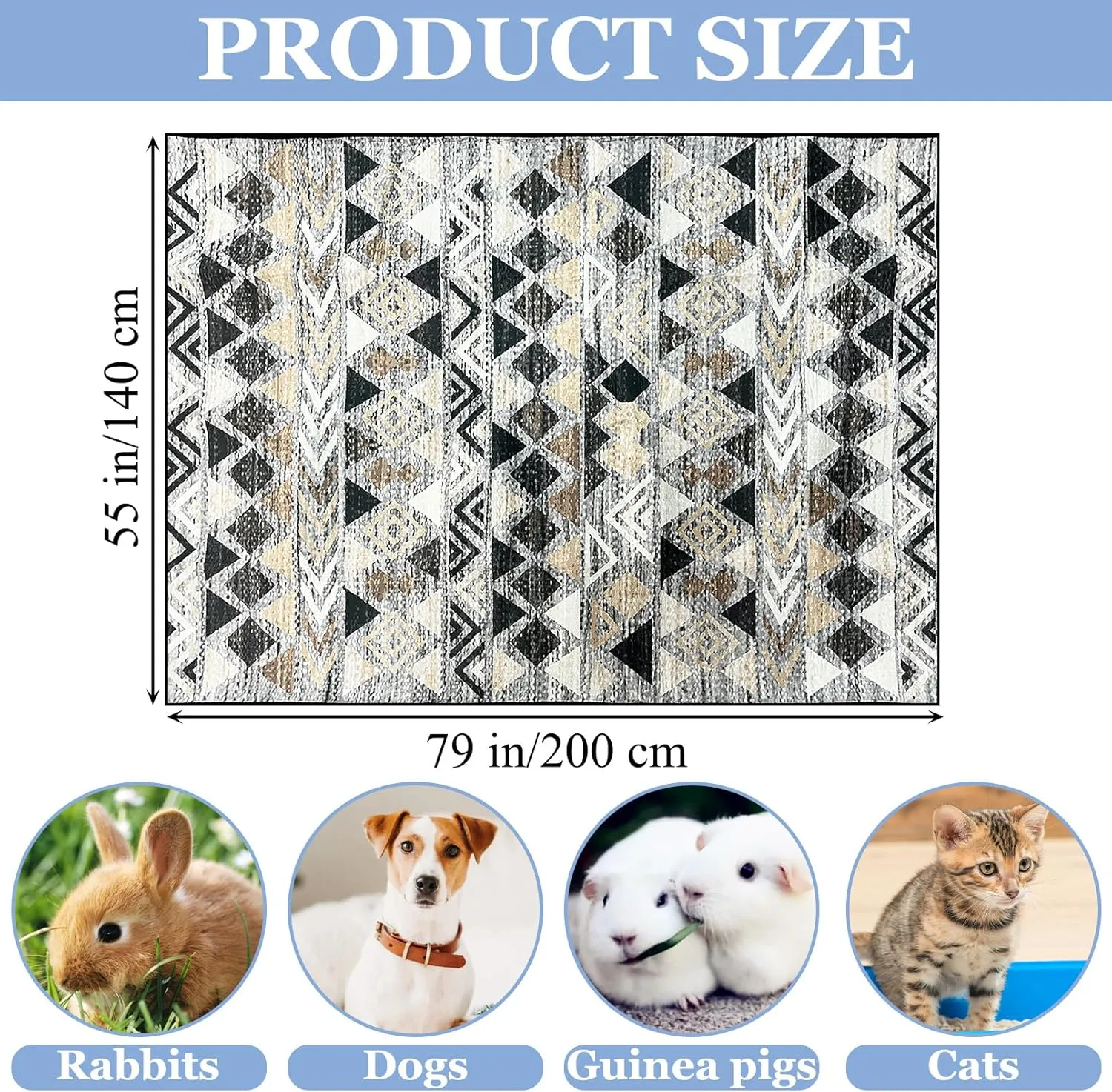 BNOSDM 79x55In Large Rabbit Cage Liners, Washable Bunny Mats Reusable Floor Protect Rug with Anti Slip Bottom, Big Dog Playpen Mats Pads for Dog Bunny Guinea Pig Ferret