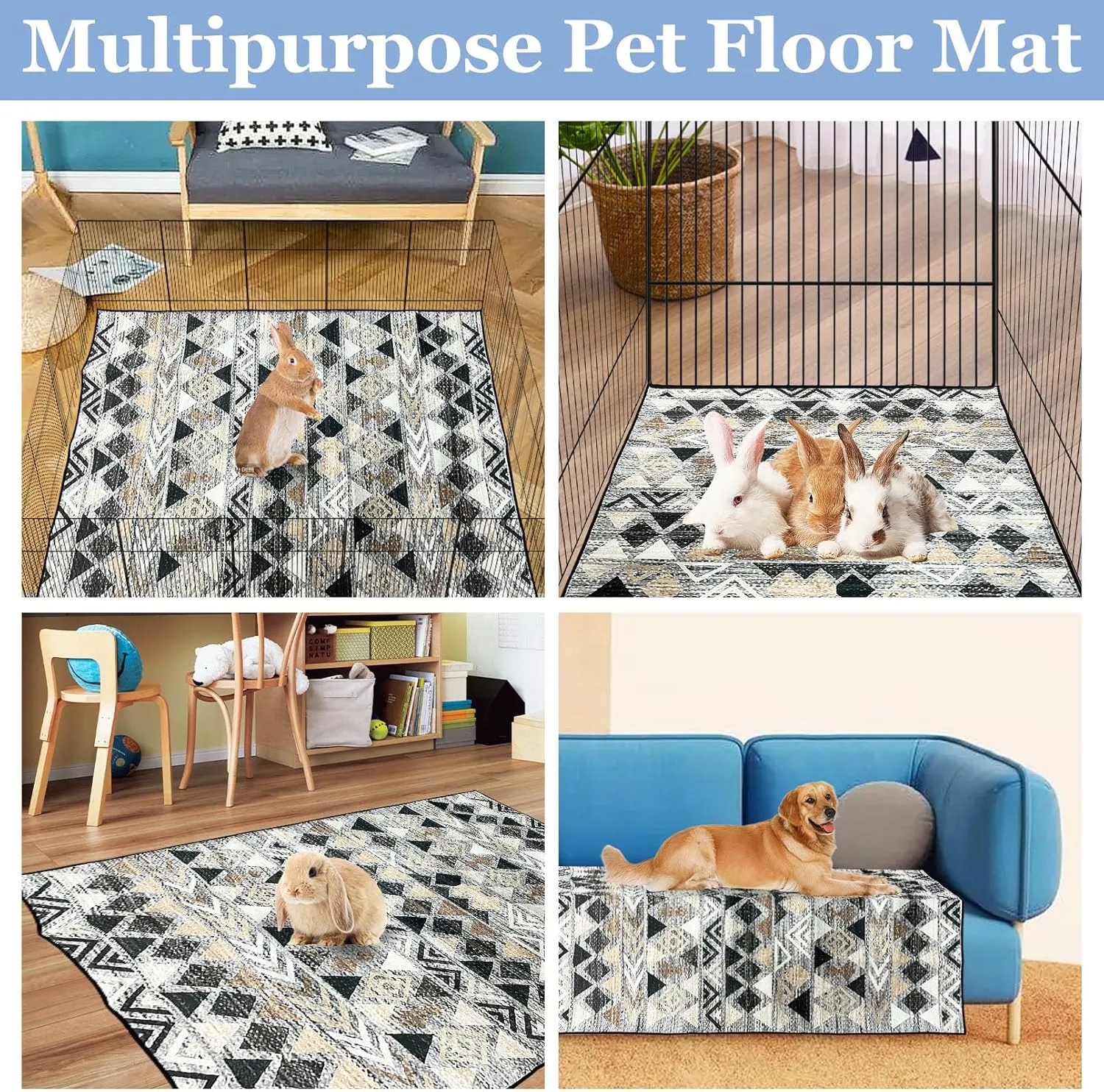 BNOSDM 91x63 Inches Rabbit Cage Liner Extra Large Washable Bunny Mats, Reusable Floor Protect Rug with Anti Slip Bottom, Pet Dog Playpen Pad for Rabbit Puppy Guinea Pig Ferret
