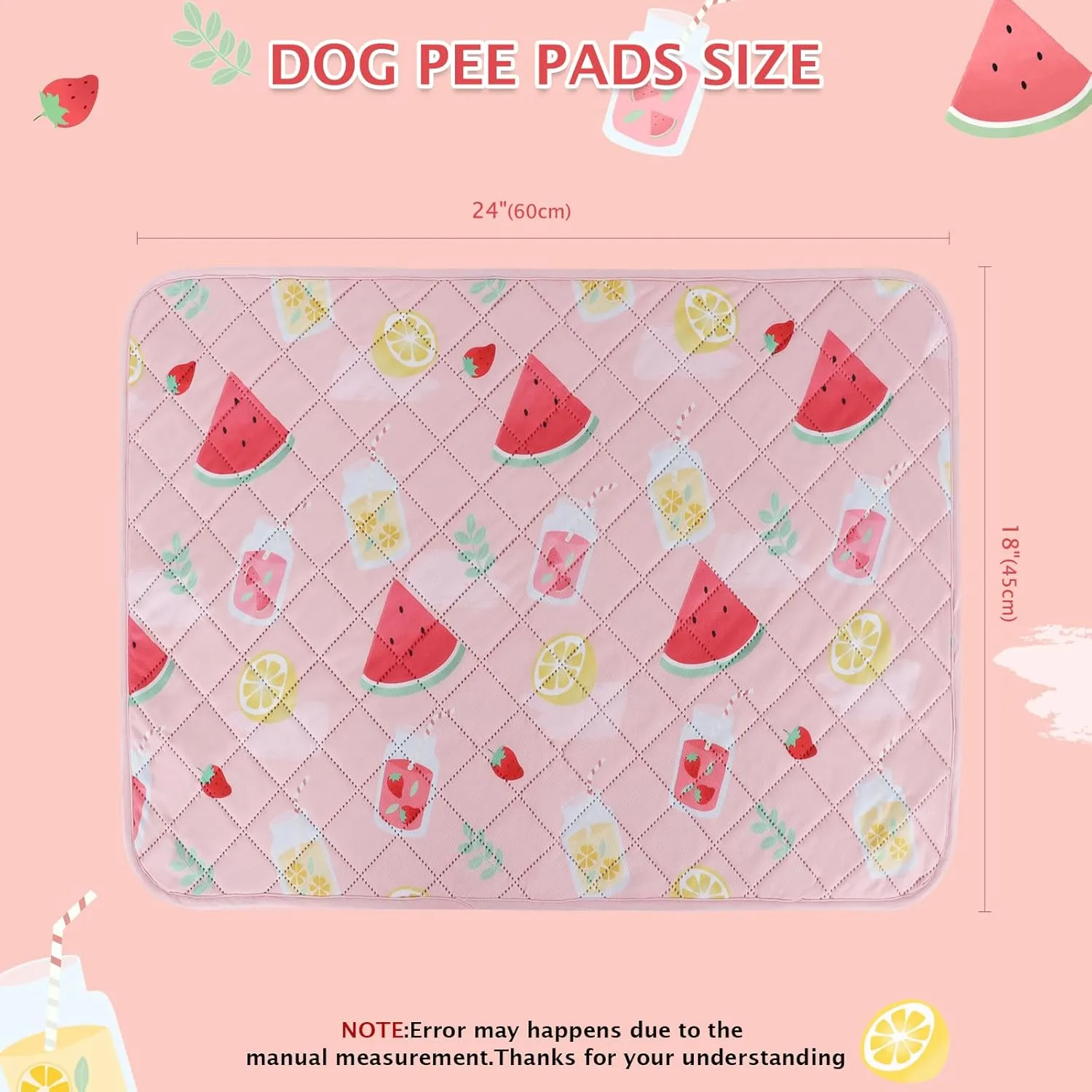BVAGSS Washable Pee Pads for Dogs, 2 Pack Reusable Leakproof Puppy Wee Wee, Non-Slip Waterproof Pet Training, Super Absorbent Whelping XH081 (Watermelon, 24X18 Inch)