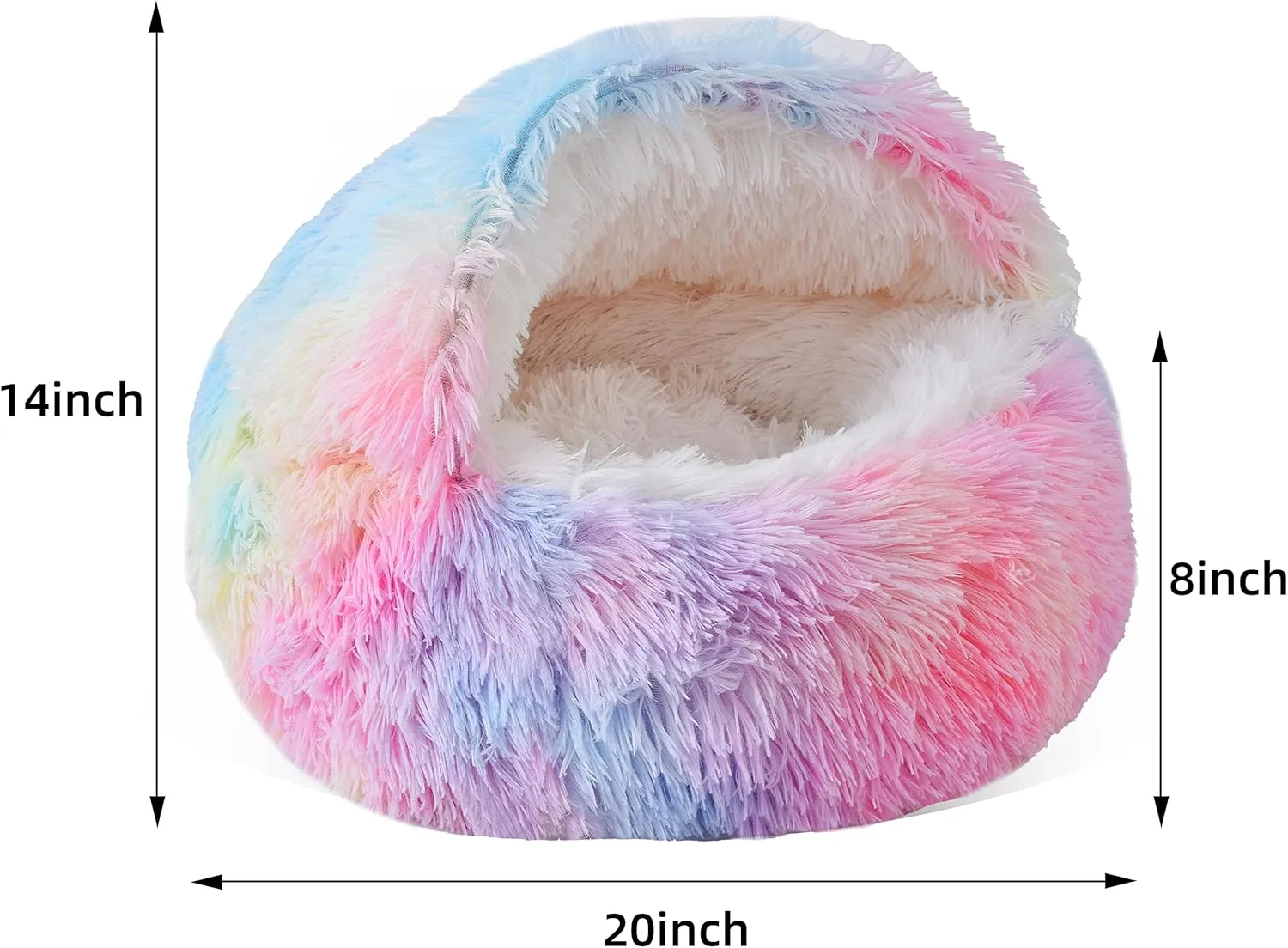 Cat Bed Round Fluffy Hood Cave with Non-collapsed Plush Cover,Cat Bed Donut for Indoor Cats,Calming Dog Beds&Cat,Anti-Slip&Waterproof Bottom,Washable 20 inchRainbow