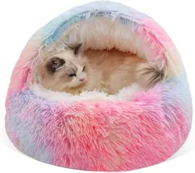 Cat Bed Round Fluffy Hood Cave with Non-collapsed Plush Cover,Cat Bed Donut for Indoor Cats,Calming Dog Beds&Cat,Anti-Slip&Waterproof Bottom,Washable 20 inchRainbow