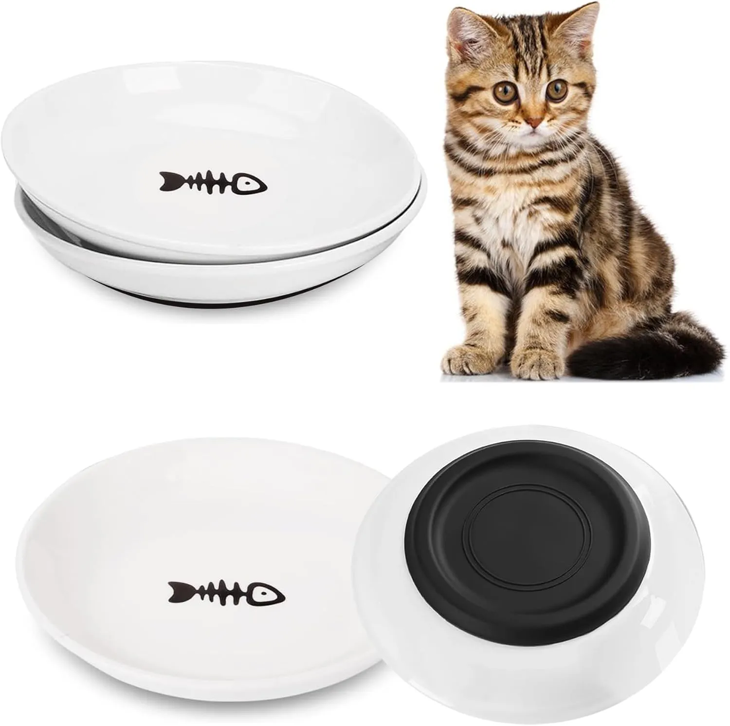 Cat Food Bowls, Whisker Friendly Ceramic Pet Bowls with Nonslip Silicone Bottom, Pack of 4 Quiet Cat Dishes and Plates for Feeding Indoor Cats, Kittens and Small Dogs (Fishbone)