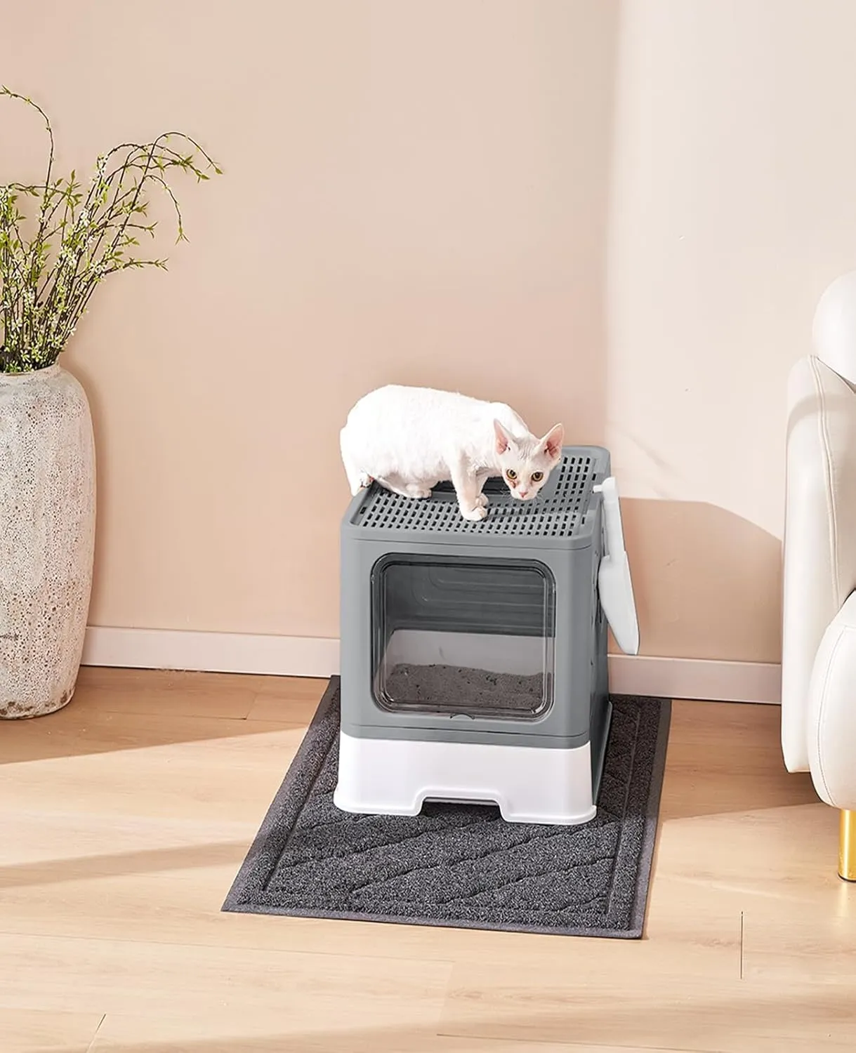 Cat Litter Box with X-Large Litter Mat and Scoop, Large Foldable Litter Box with Lid, Enclosed Kitty Box,Front Top Entry Exit, Odor Control Easy to Clean (Upgrade Dark Grey)