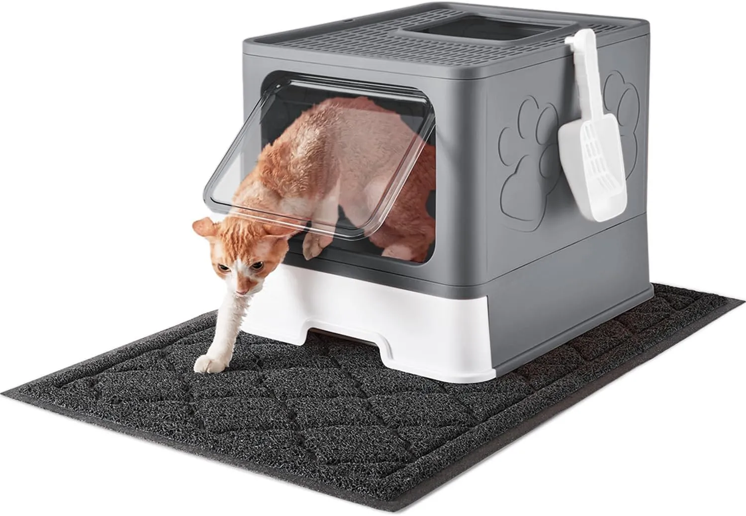 Cat Litter Box with X-Large Litter Mat and Scoop, Large Foldable Litter Box with Lid, Enclosed Kitty Box,Front Top Entry Exit, Odor Control Easy to Clean (Upgrade Dark Grey)
