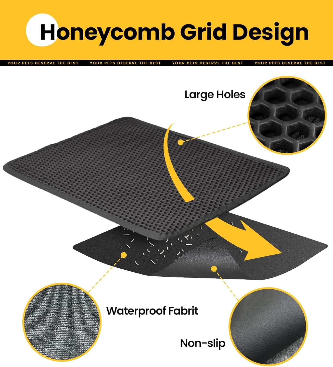 Cat Litter Trapping Mat for Small Spaces, 23.6"x14.6" Space-Saving Litter Box Floor Mat, Hexagon Grids & Anti-Leak Base, Machine Washable, Non-Slip Kitty Matt for Apartment, Black