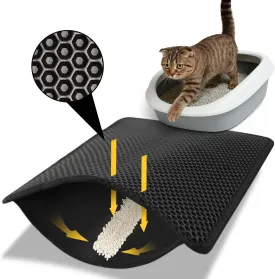 Cat Litter Trapping Mat for Small Spaces, 23.6"x14.6" Space-Saving Litter Box Floor Mat, Hexagon Grids & Anti-Leak Base, Machine Washable, Non-Slip Kitty Matt for Apartment, Black