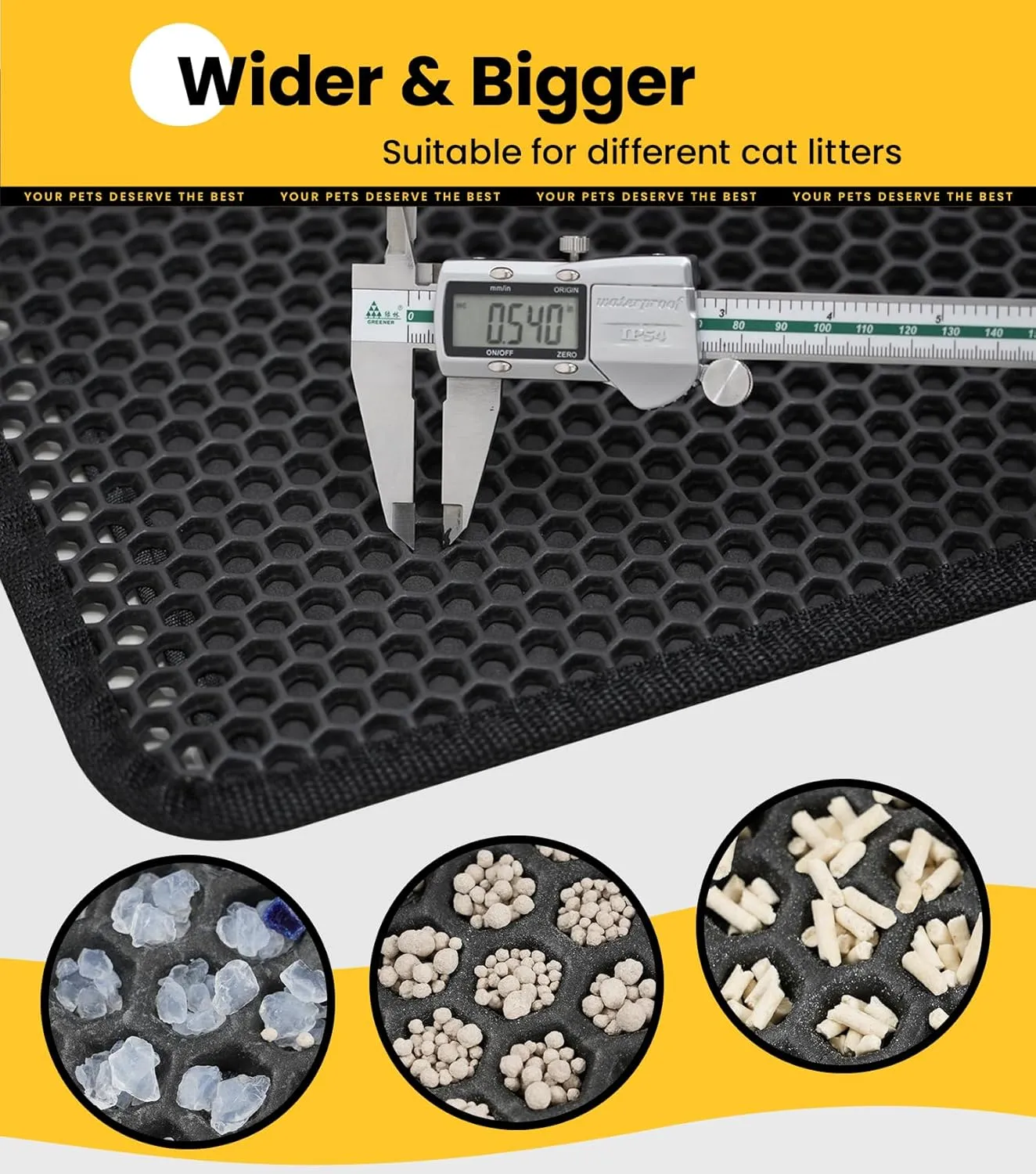Cat Litter Trapping Mat for Small Spaces, 23.6"x14.6" Space-Saving Litter Box Floor Mat, Hexagon Grids & Anti-Leak Base, Machine Washable, Non-Slip Kitty Matt for Apartment, Black