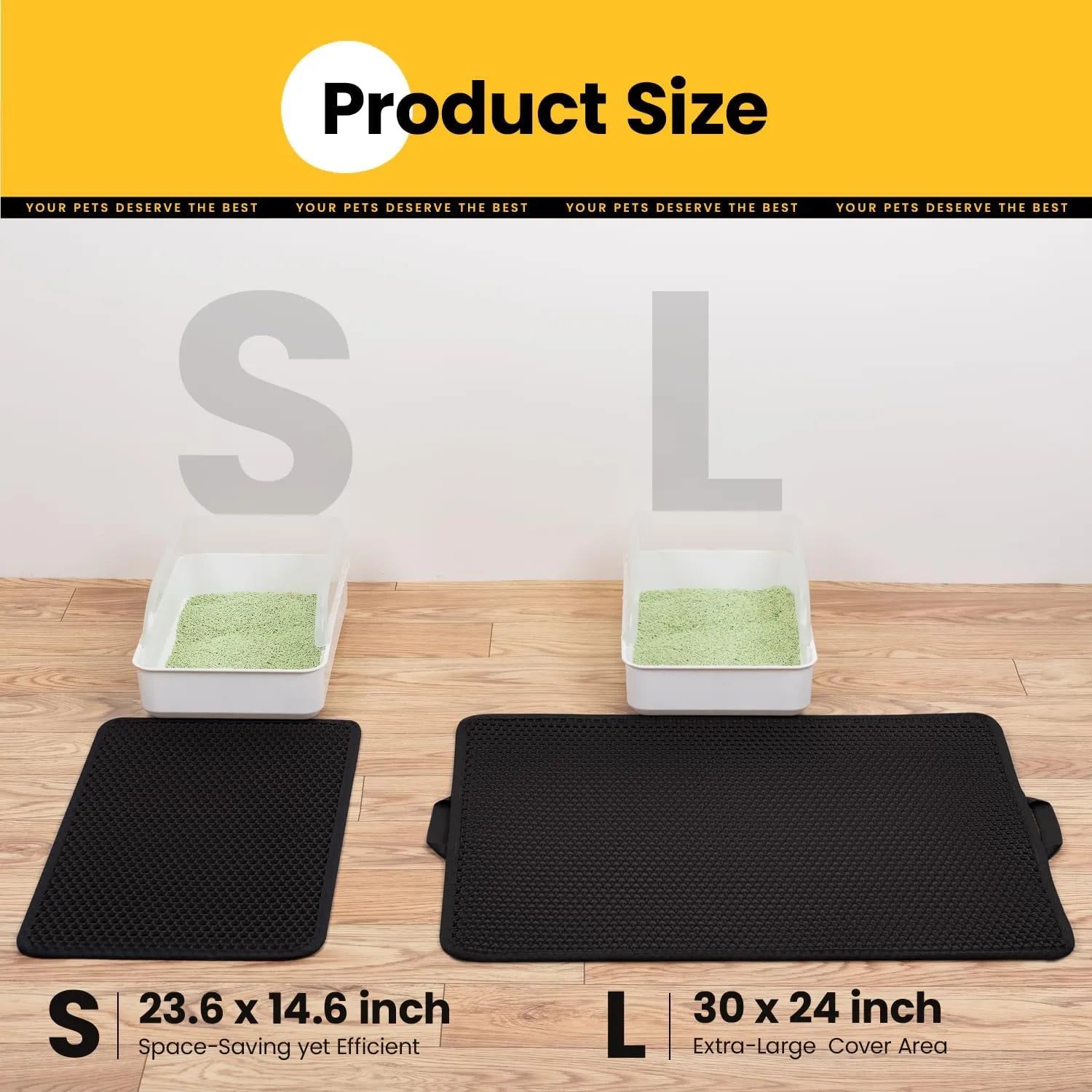 Cat Litter Trapping Mat for Small Spaces, 23.6"x14.6" Space-Saving Litter Box Floor Mat, Hexagon Grids & Anti-Leak Base, Machine Washable, Non-Slip Kitty Matt for Apartment, Black
