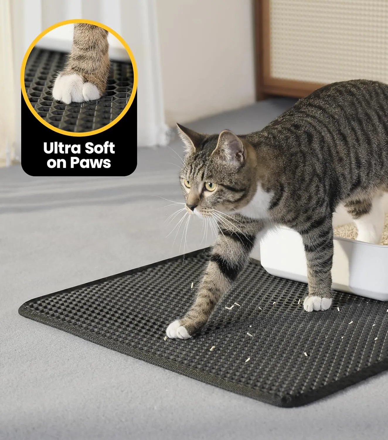 Cat Litter Trapping Mat for Small Spaces, 23.6"x14.6" Space-Saving Litter Box Floor Mat, Hexagon Grids & Anti-Leak Base, Machine Washable, Non-Slip Kitty Matt for Apartment, Black