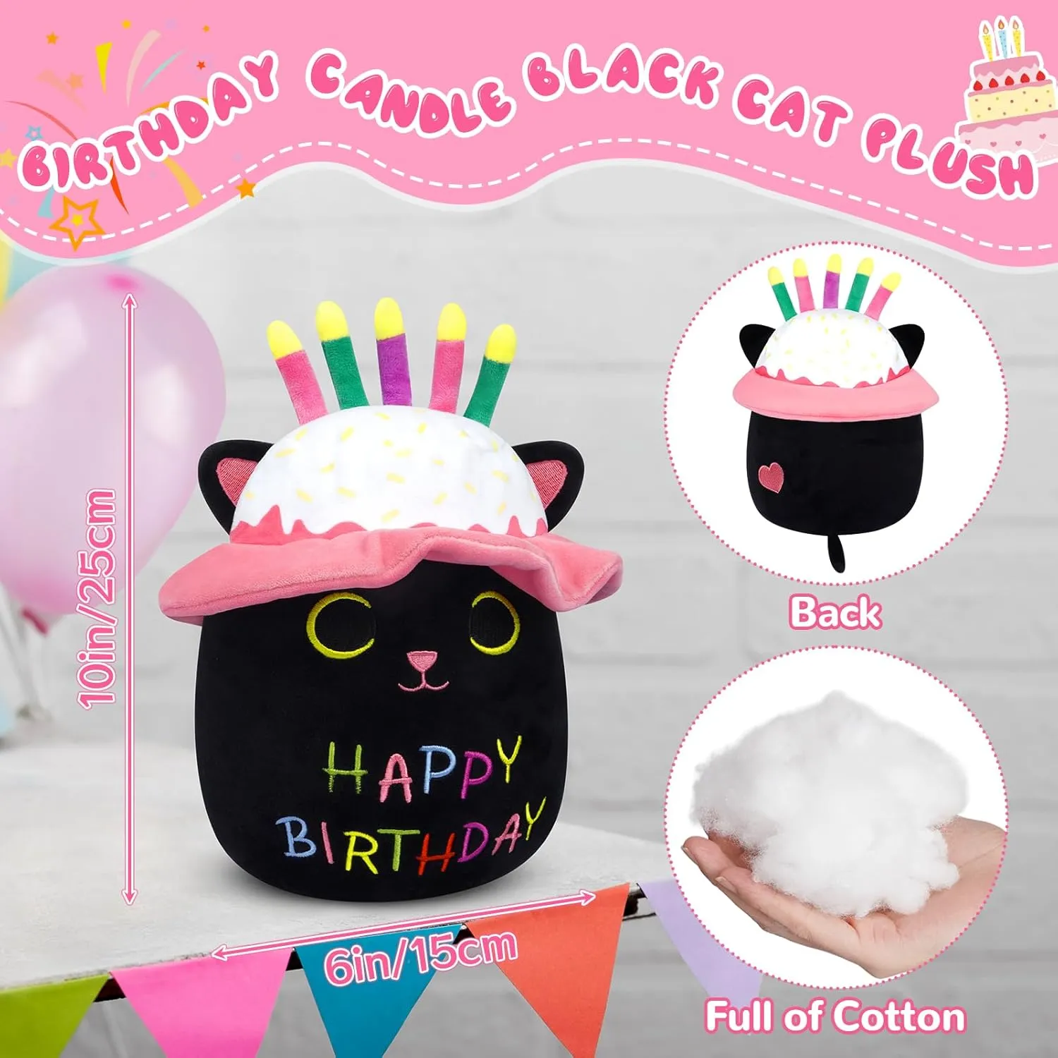 Cat Plush, 8in Black Cat Plush with Candles Hats, Cute Happy Birthday Plush Toy Cartoon Kitten Pillow for Kids Boys Girls Cats Birthday Gift