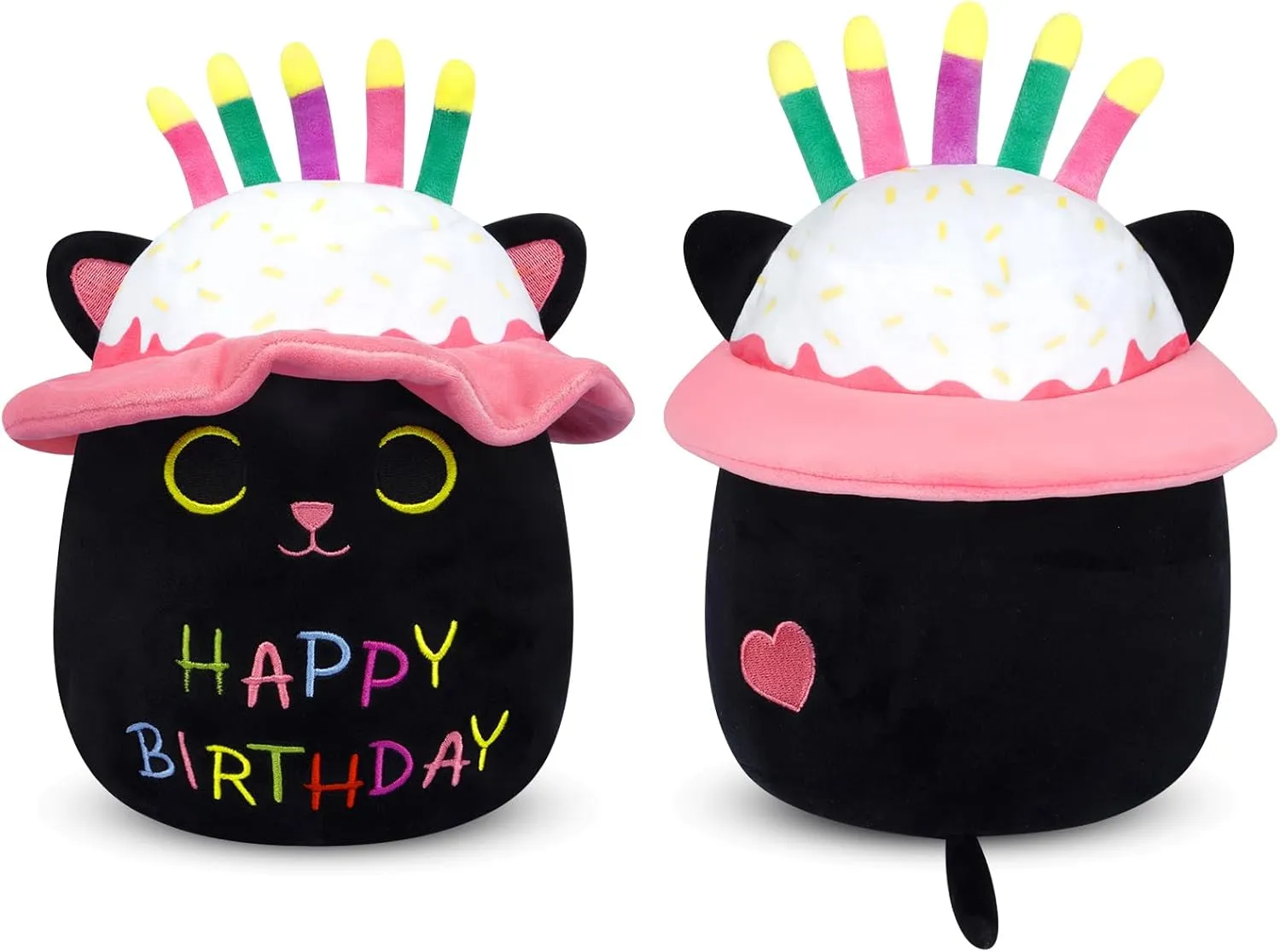 Cat Plush, 8in Black Cat Plush with Candles Hats, Cute Happy Birthday Plush Toy Cartoon Kitten Pillow for Kids Boys Girls Cats Birthday Gift
