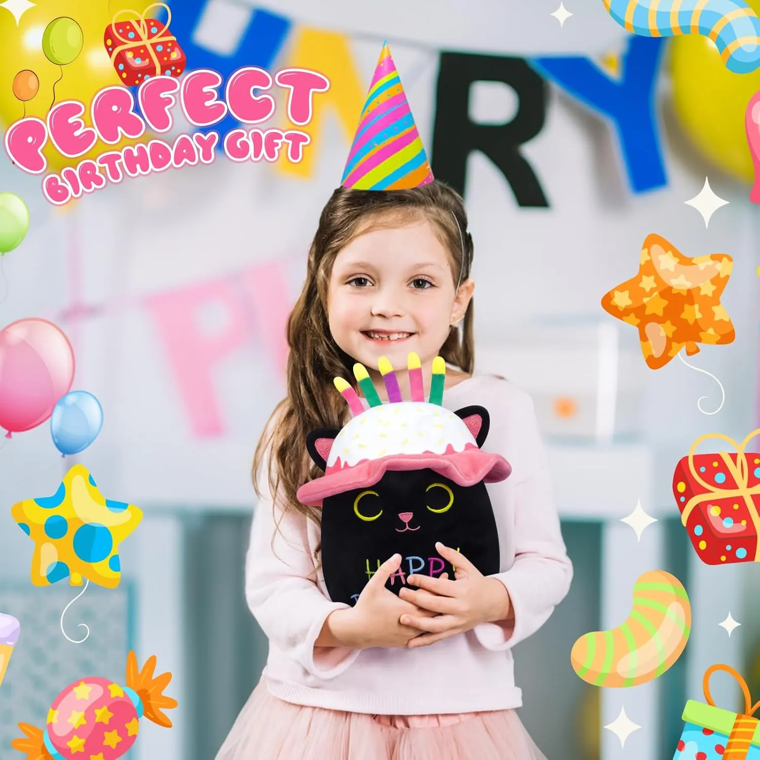 Cat Plush, 8in Black Cat Plush with Candles Hats, Cute Happy Birthday Plush Toy Cartoon Kitten Pillow for Kids Boys Girls Cats Birthday Gift