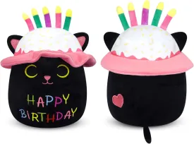 Cat Plush, 8in Black Cat Plush with Candles Hats, Cute Happy Birthday Plush Toy Cartoon Kitten Pillow for Kids Boys Girls Cats Birthday Gift