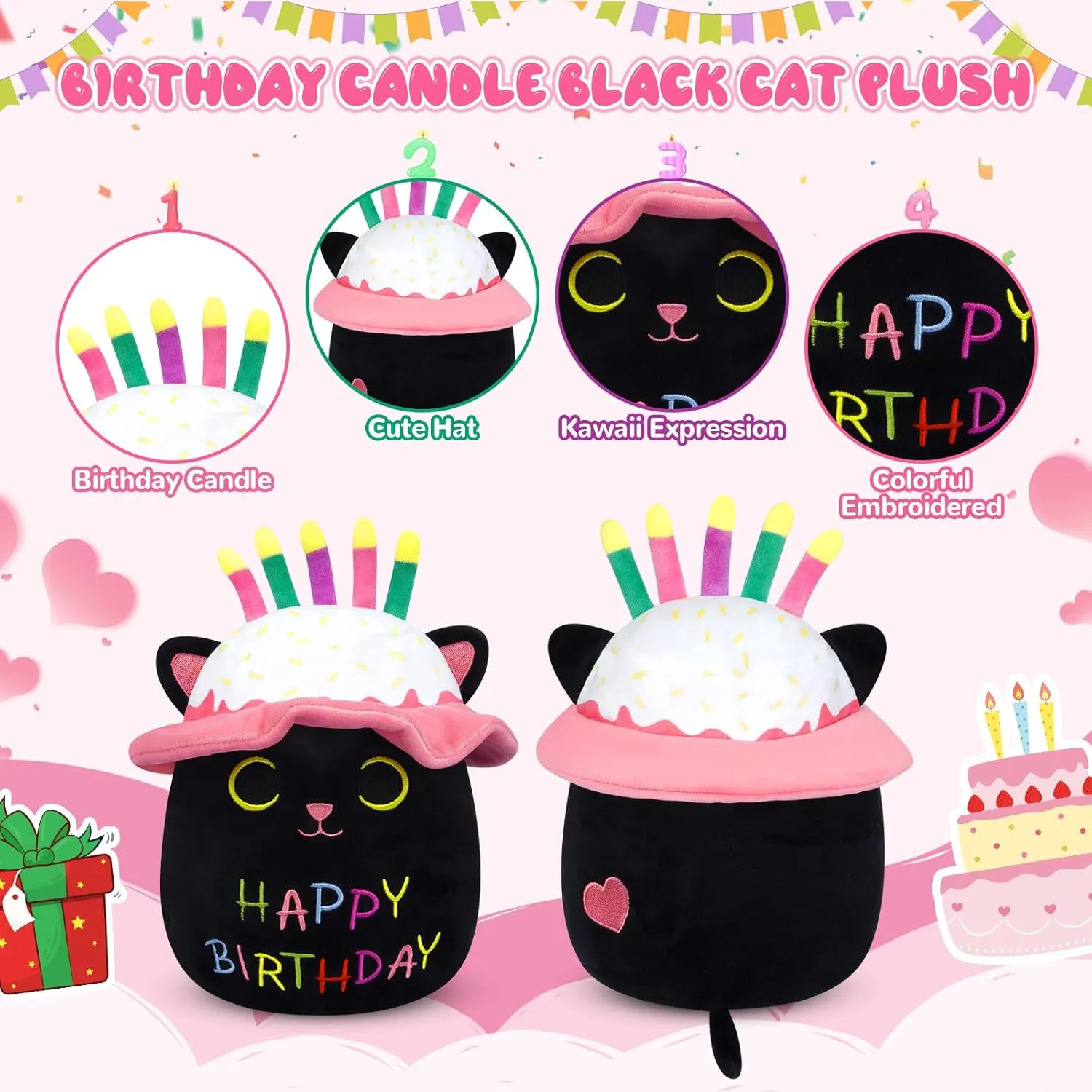 Cat Plush, 8in Black Cat Plush with Candles Hats, Cute Happy Birthday Plush Toy Cartoon Kitten Pillow for Kids Boys Girls Cats Birthday Gift