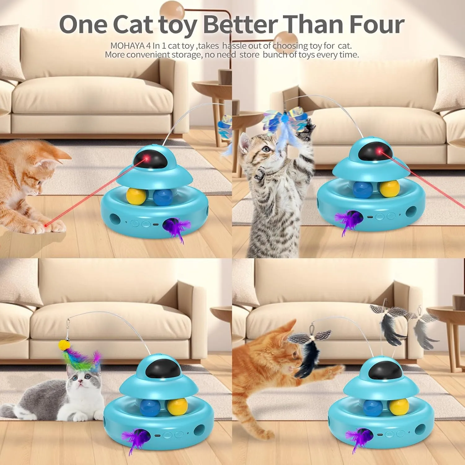 Cat Toys,4-in-1 Automatic Kitten Toy for Bored Indoor Adult Cats,lectric Flying Butterfly,Whack a Mole,Feather Track Balls,Blue