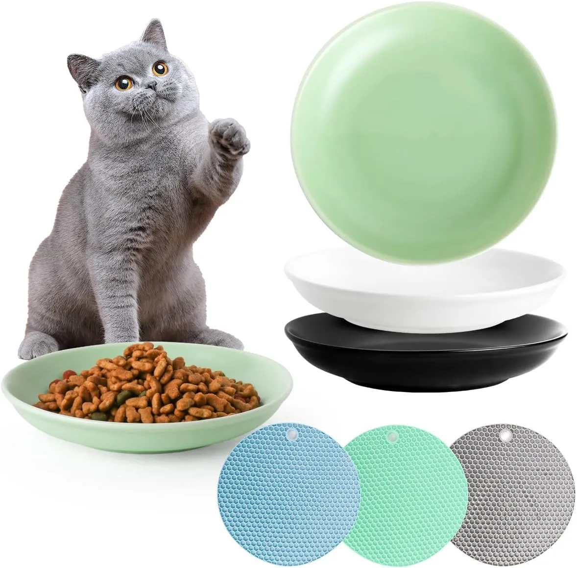 Ceramic Cat Bowls,Wide Shallow Cats Bowl,Shallow Cat Food Dish,Cute Cats Feeding Bowls,with Silicone Non-Slip Mats (3PCS)