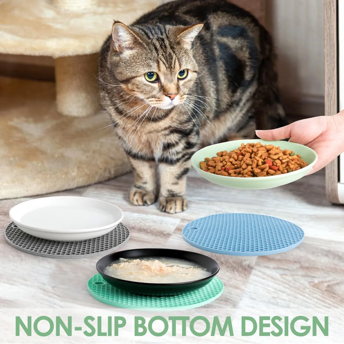 Ceramic Cat Bowls,Wide Shallow Cats Bowl,Shallow Cat Food Dish,Cute Cats Feeding Bowls,with Silicone Non-Slip Mats (3PCS)