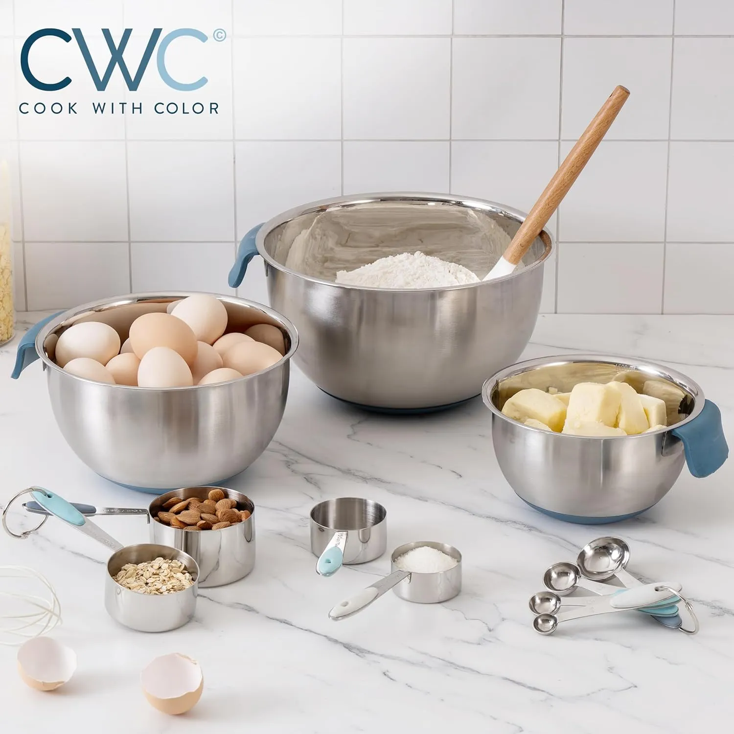 COOK WITH COLOR Stainless Steel Mixing Bowls Set and Measuring Cups- Nesting Bowls with Non-Slip Bottom and Easy-Grip Handles, Blue, 11 Pieces