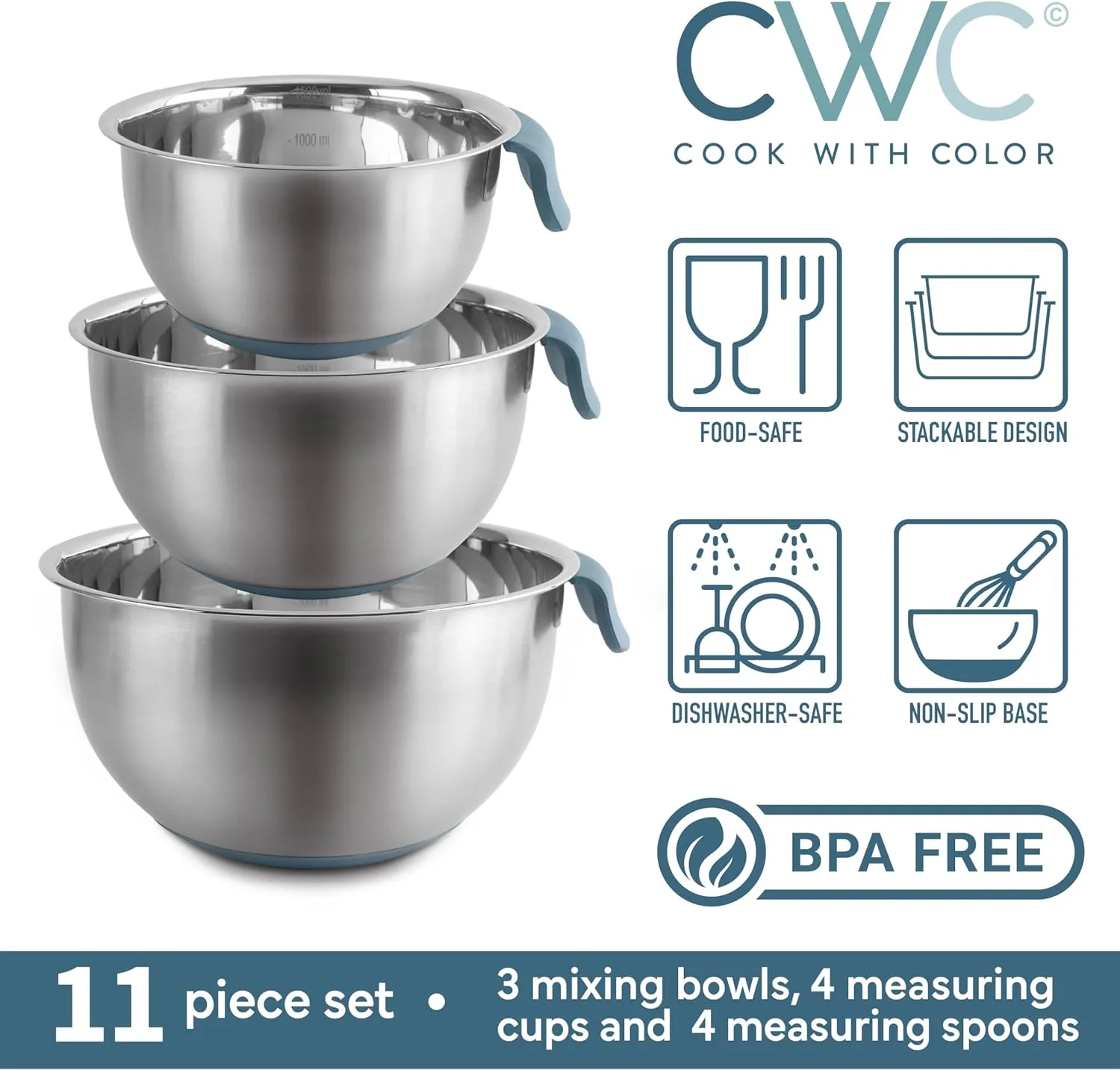 COOK WITH COLOR Stainless Steel Mixing Bowls Set and Measuring Cups- Nesting Bowls with Non-Slip Bottom and Easy-Grip Handles, Blue, 11 Pieces