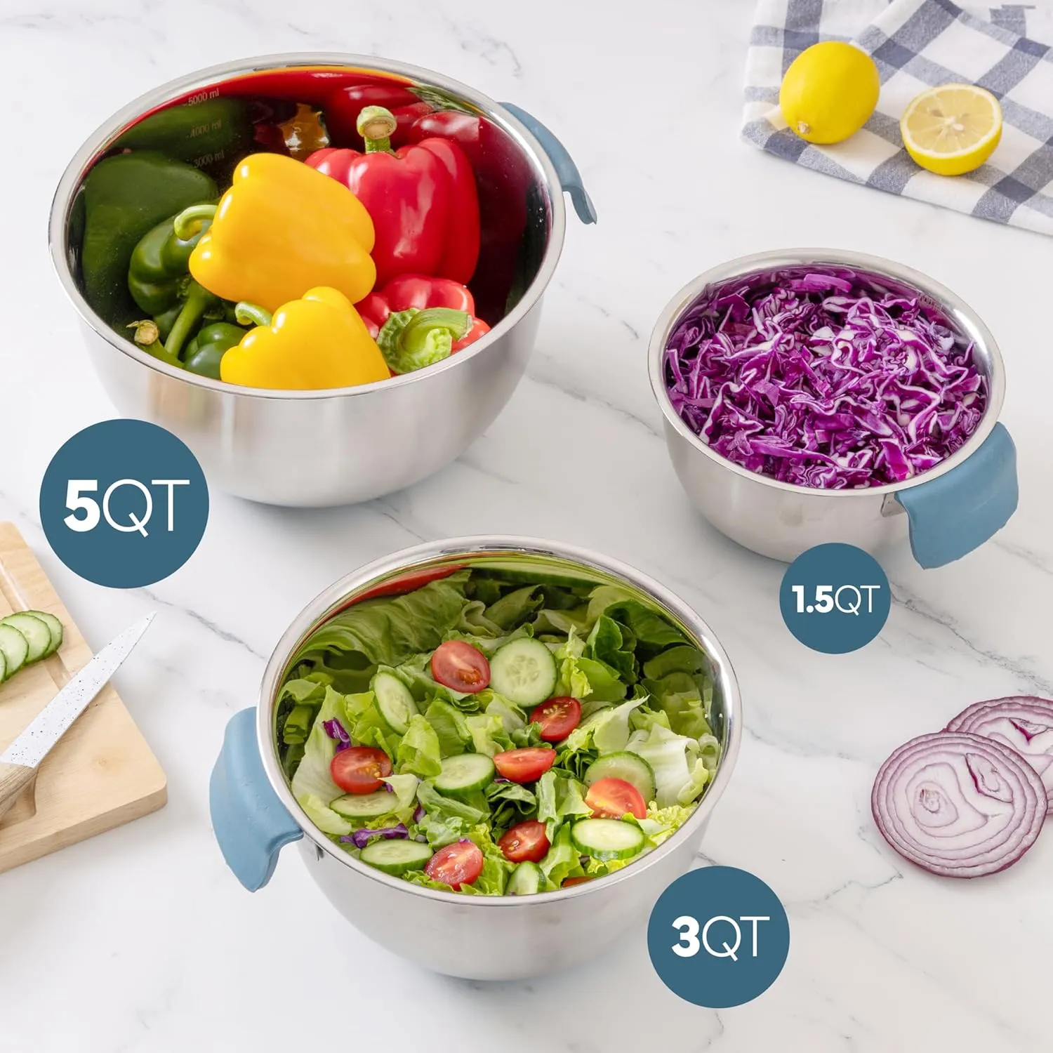 COOK WITH COLOR Stainless Steel Mixing Bowls Set and Measuring Cups- Nesting Bowls with Non-Slip Bottom and Easy-Grip Handles, Blue, 11 Pieces