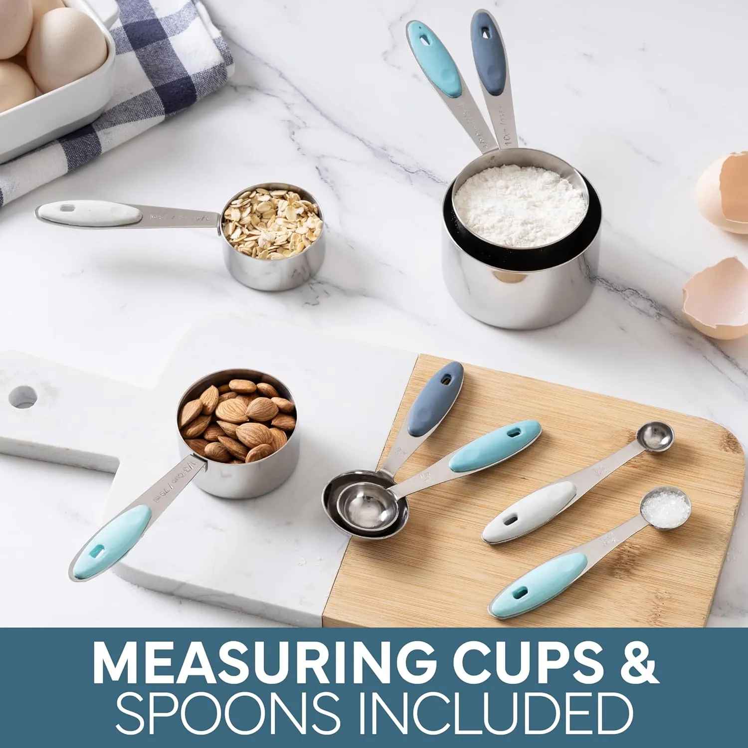 COOK WITH COLOR Stainless Steel Mixing Bowls Set and Measuring Cups- Nesting Bowls with Non-Slip Bottom and Easy-Grip Handles, Blue, 11 Pieces
