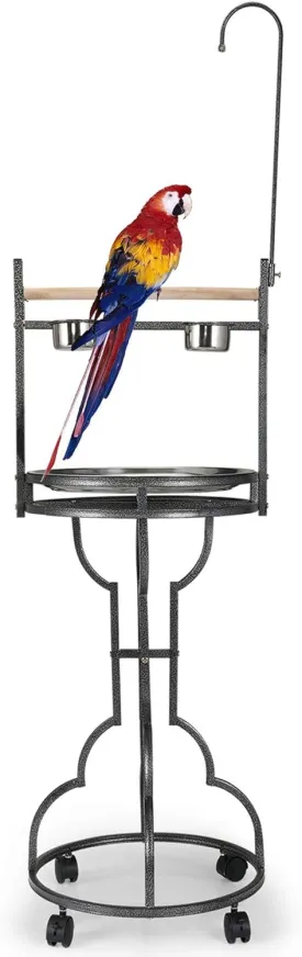 COZIWOW 72" Parrot Stand,Stainless Steel Tray Bowls Large Bird Playstand,Parrot Perch with Easy Grip,Wrought Iron Bird Stand with Toy Hook,Macaw Play Gym Ground Stand Rolling Wheel,Pet Gift